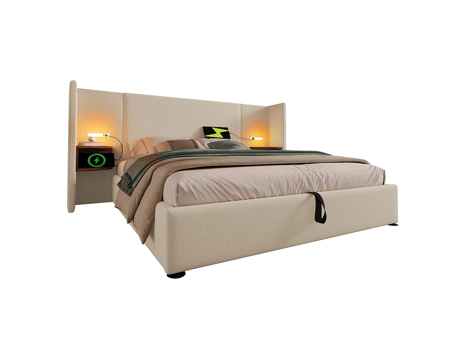 Lit 160 x 200 cm - Lit Coffre Hydraulique - En Lin - Tête Avec Étagère Intégrée - Lampe Tactile, 2 USB + 2 Type-C - Sans Matelas - Beige