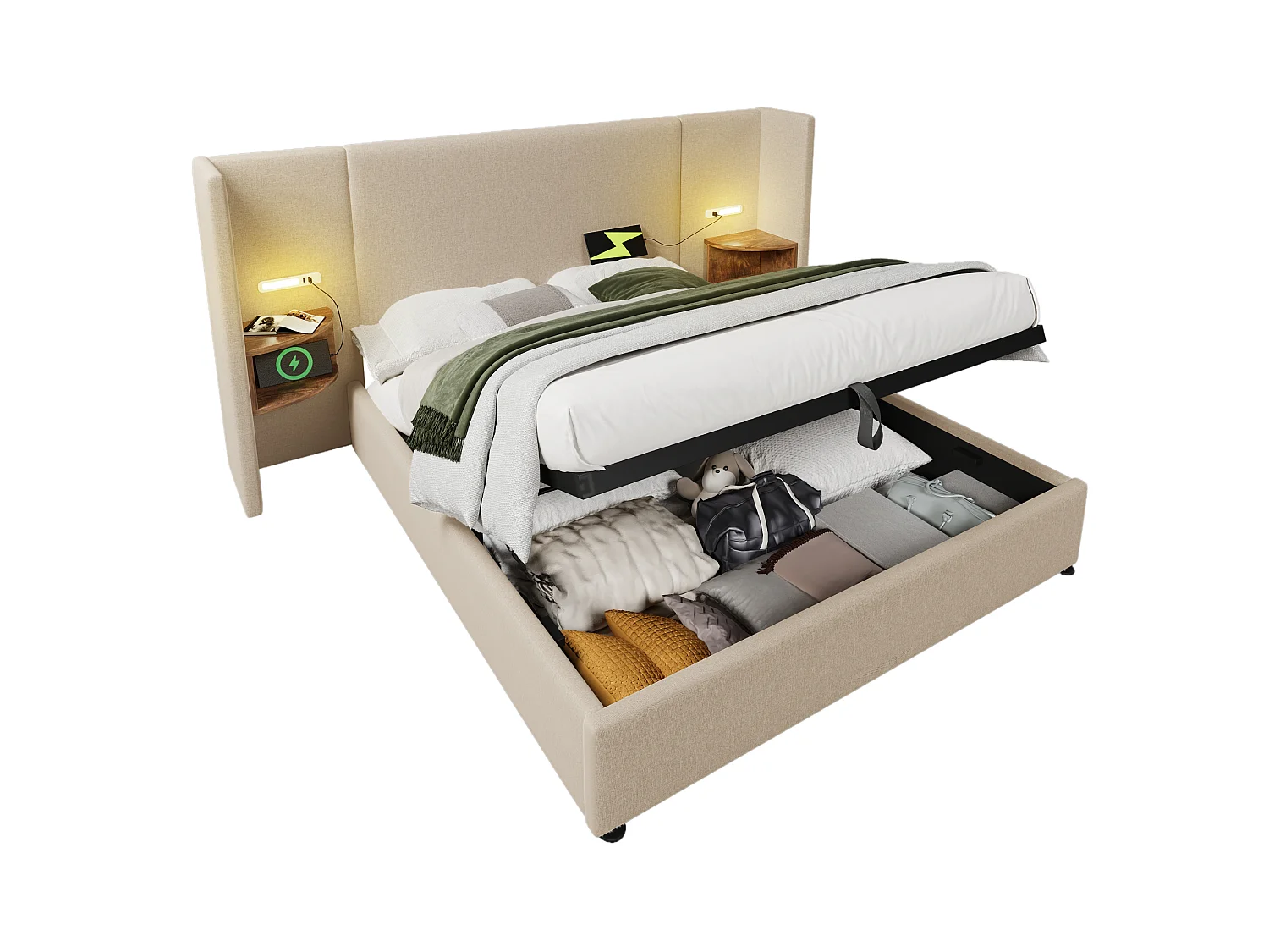 Lit 160 x 200 cm - Lit Coffre Hydraulique - En Lin - Tête Avec Étagère Intégrée - Lampe Tactile, 2 USB + 2 Type-C - Sans Matelas - Beige
