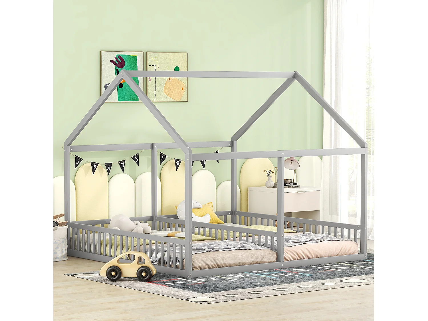 Lit Enfant 90 x 200 cm - Lit 2-en-1 Côté à Côté Avec Garde-Corps Central - En Pin+MDF - Toit Maison Décoratif - Gris - Sans Matelas