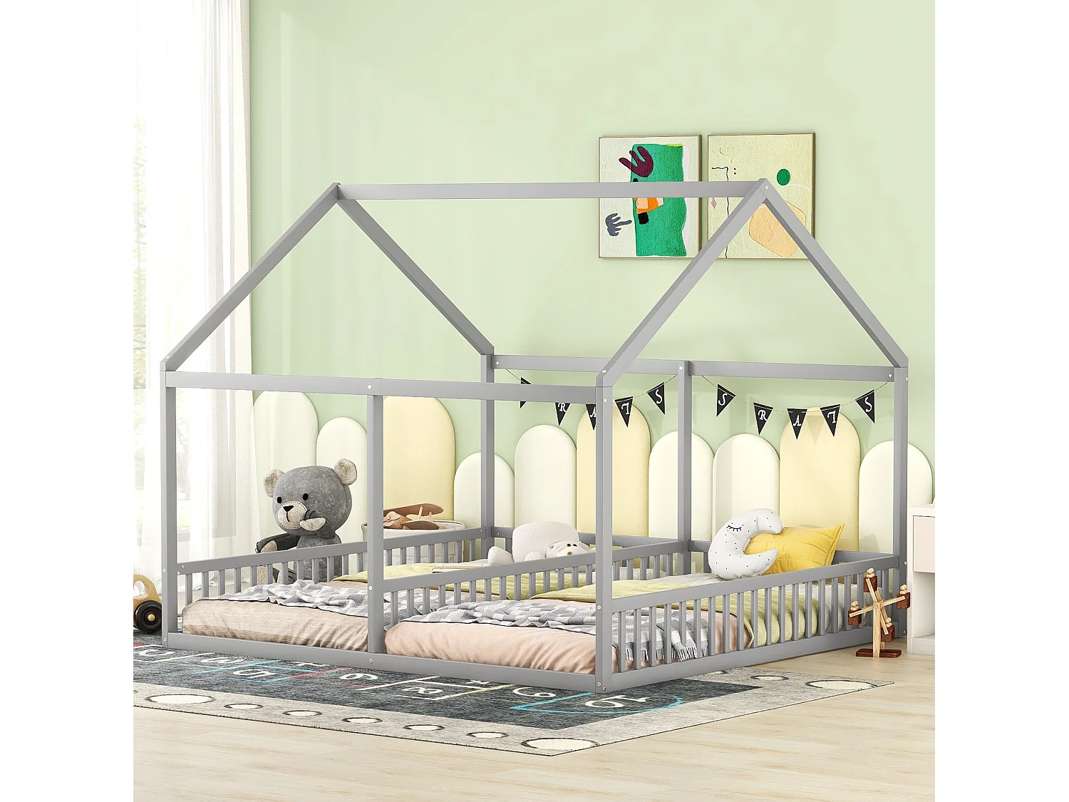 Lit Enfant 90 x 200 cm - Lit 2-en-1 Côté à Côté Avec Garde-Corps Central - En Pin+MDF - Toit Maison Décoratif - Gris - Sans Matelas