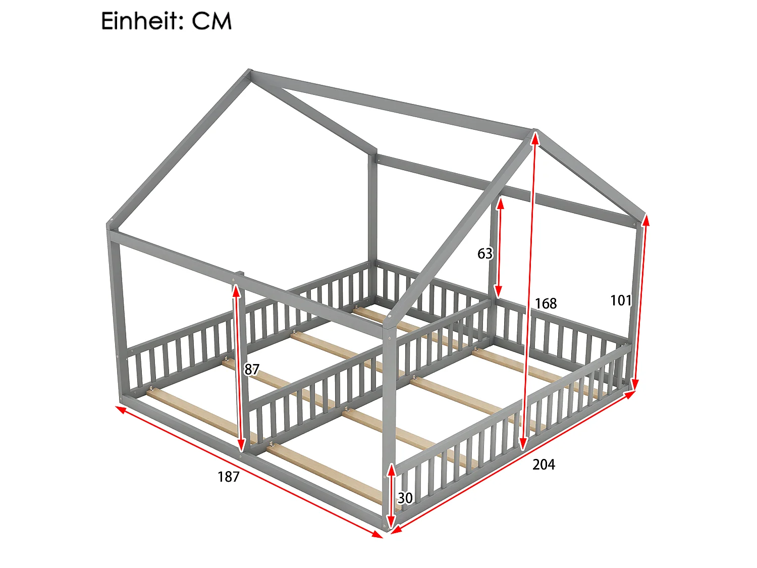 Lit Enfant 90 x 200 cm - Lit 2-en-1 Côté à Côté Avec Garde-Corps Central - En Pin+MDF - Toit Maison Décoratif - Gris - Sans Matelas