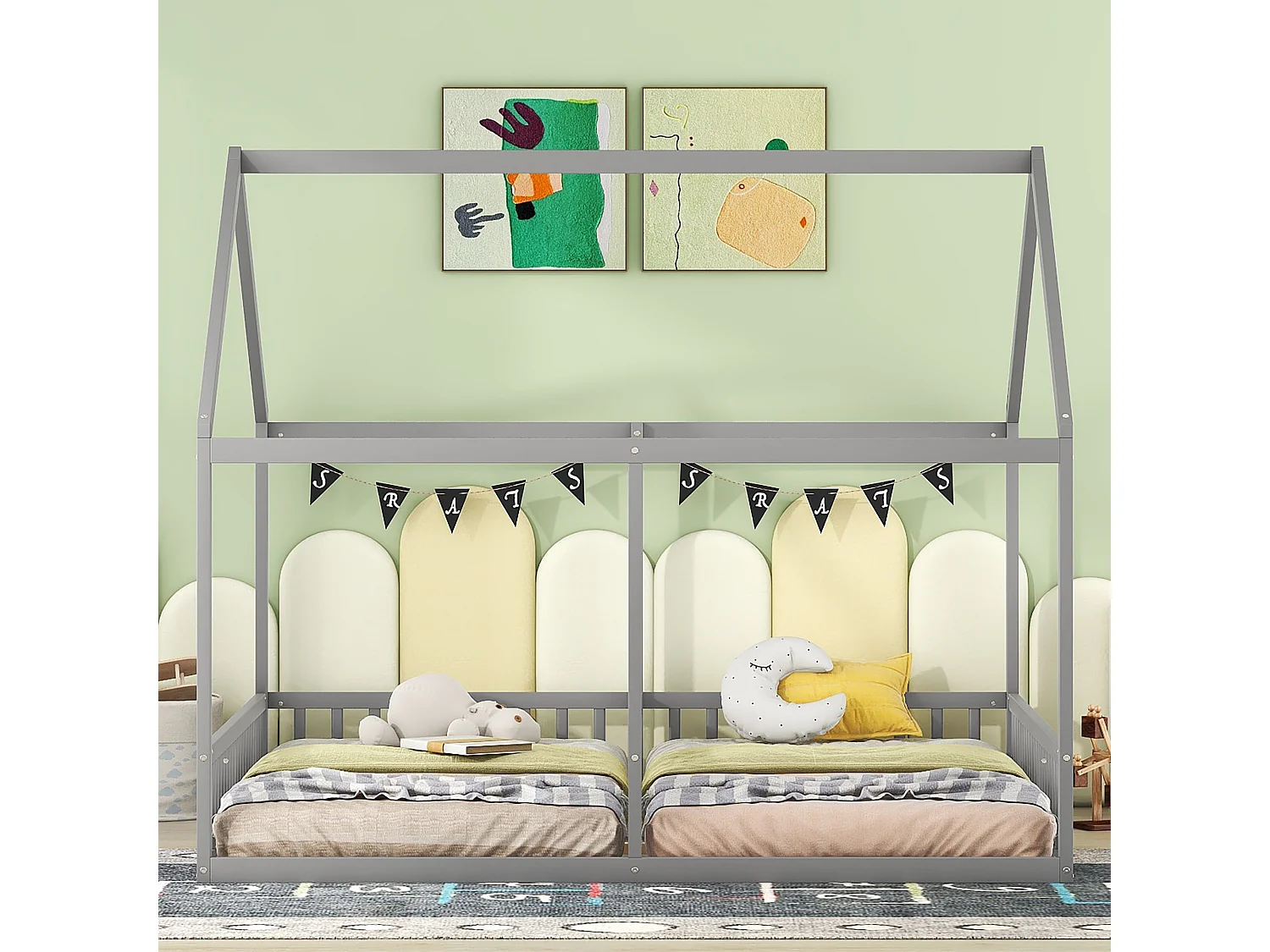 Lit Enfant 90 x 200 cm - Lit 2-en-1 Côté à Côté Avec Garde-Corps Central - En Pin+MDF - Toit Maison Décoratif - Gris - Sans Matelas