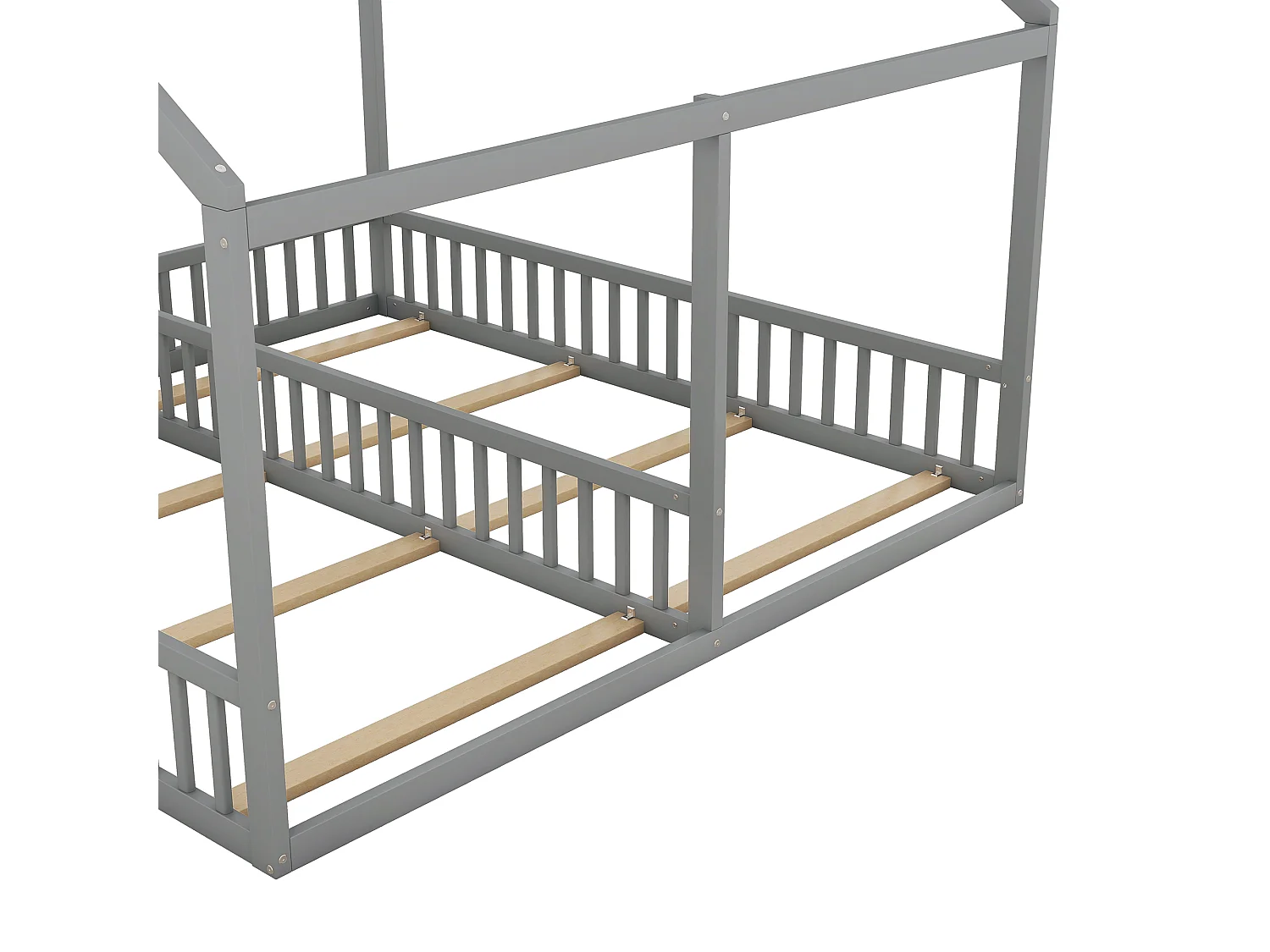 Lit Enfant 90 x 200 cm - Lit 2-en-1 Côté à Côté Avec Garde-Corps Central - En Pin+MDF - Toit Maison Décoratif - Gris - Sans Matelas