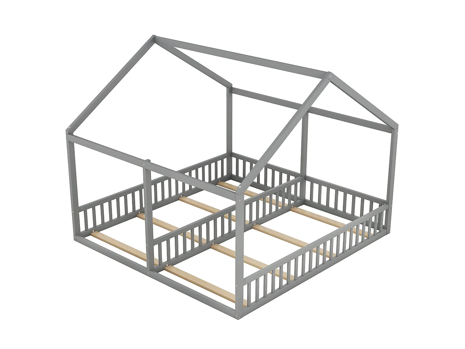 Lit Enfant 90 x 200 cm - Lit 2-en-1 Côté à Côté Avec Garde-Corps Central - En Pin+MDF - Toit Maison Décoratif - Gris - Sans Matelas