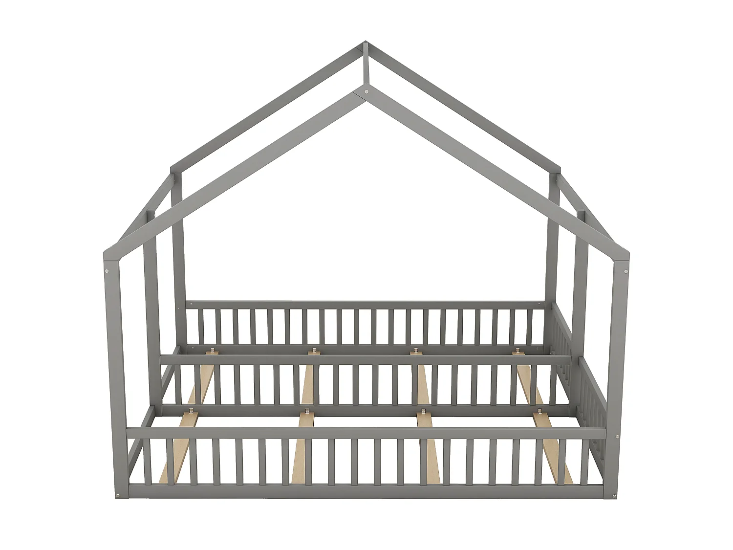 Lit Enfant 90 x 200 cm - Lit 2-en-1 Côté à Côté Avec Garde-Corps Central - En Pin+MDF - Toit Maison Décoratif - Gris - Sans Matelas