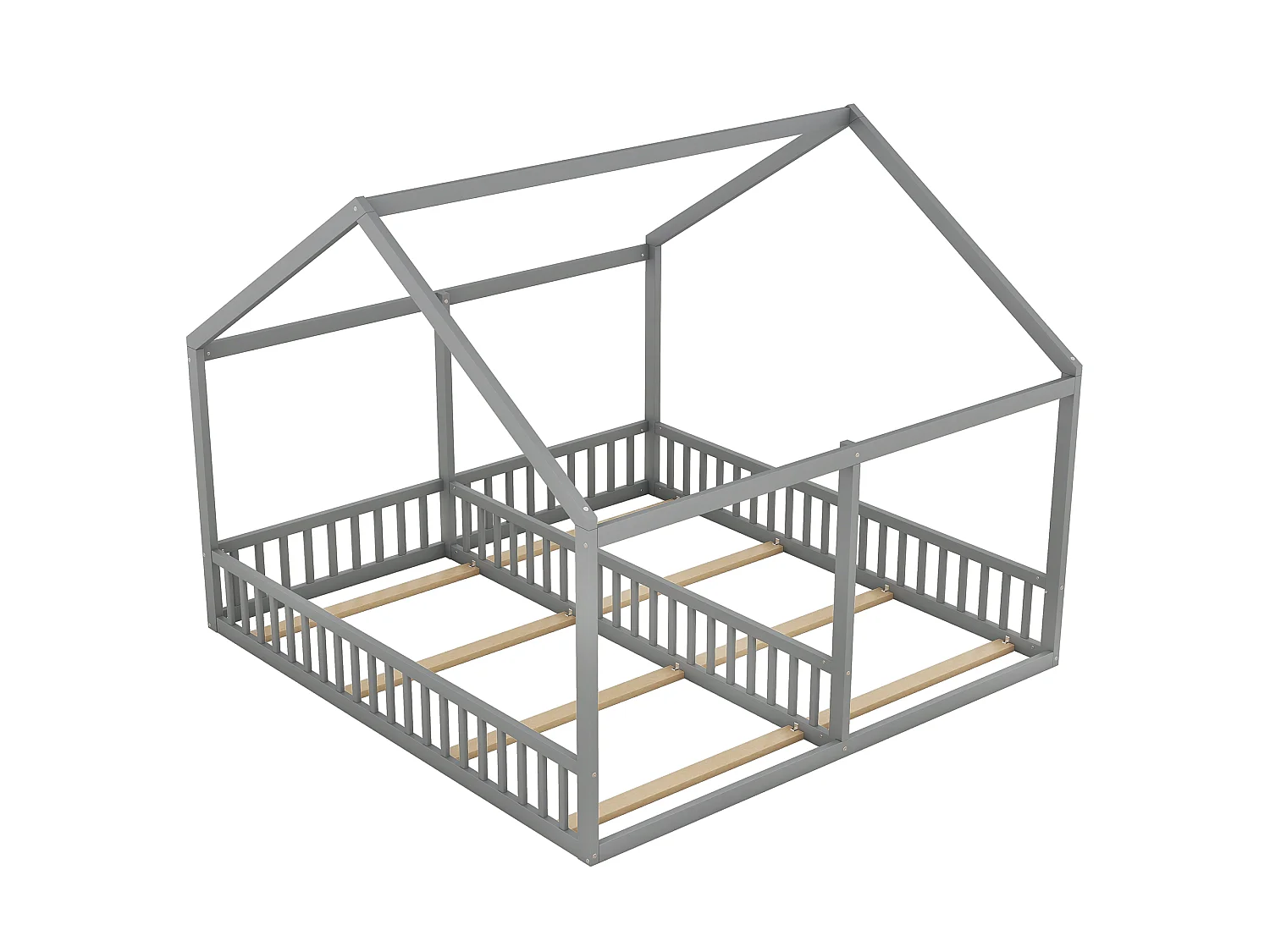 Lit Enfant 90 x 200 cm - Lit 2-en-1 Côté à Côté Avec Garde-Corps Central - En Pin+MDF - Toit Maison Décoratif - Gris - Sans Matelas