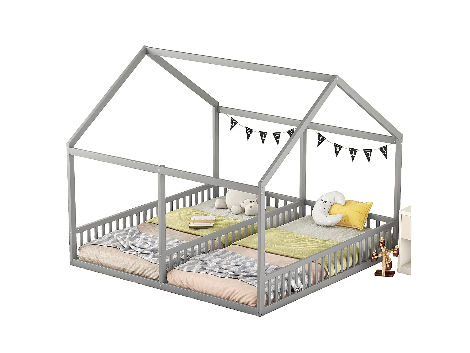 Lit Enfant 90 x 200 cm - Lit 2-en-1 Côté à Côté Avec Garde-Corps Central - En Pin+MDF - Toit Maison Décoratif - Gris - Sans Matelas