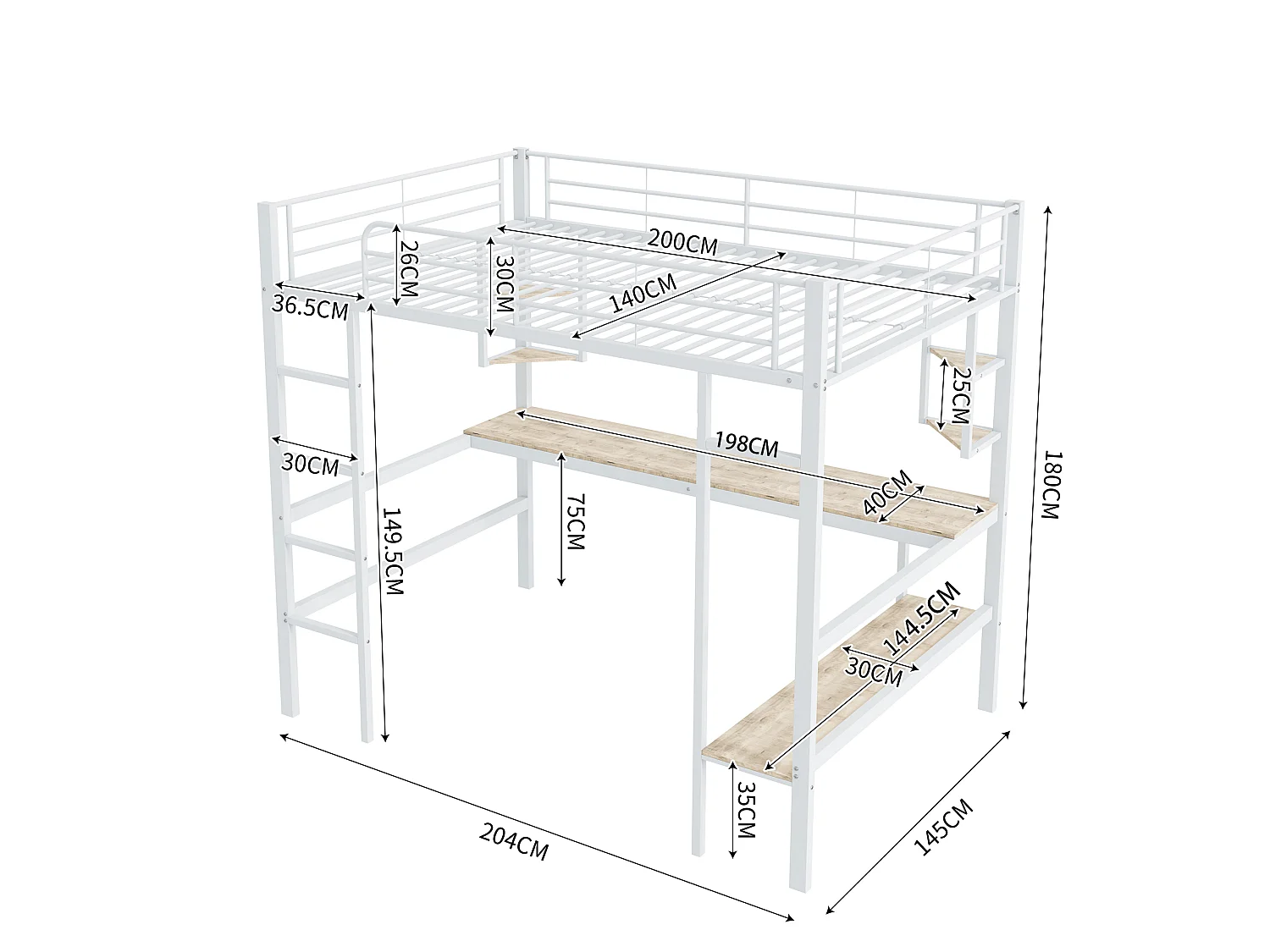 Lit Mezzanine 140 x 200 cm - Lit Mezzanine Avec Bureau Et Rangements - En Métal - 4 Étagères Et Grand Bibliothèque - Blanc - Sans matelas