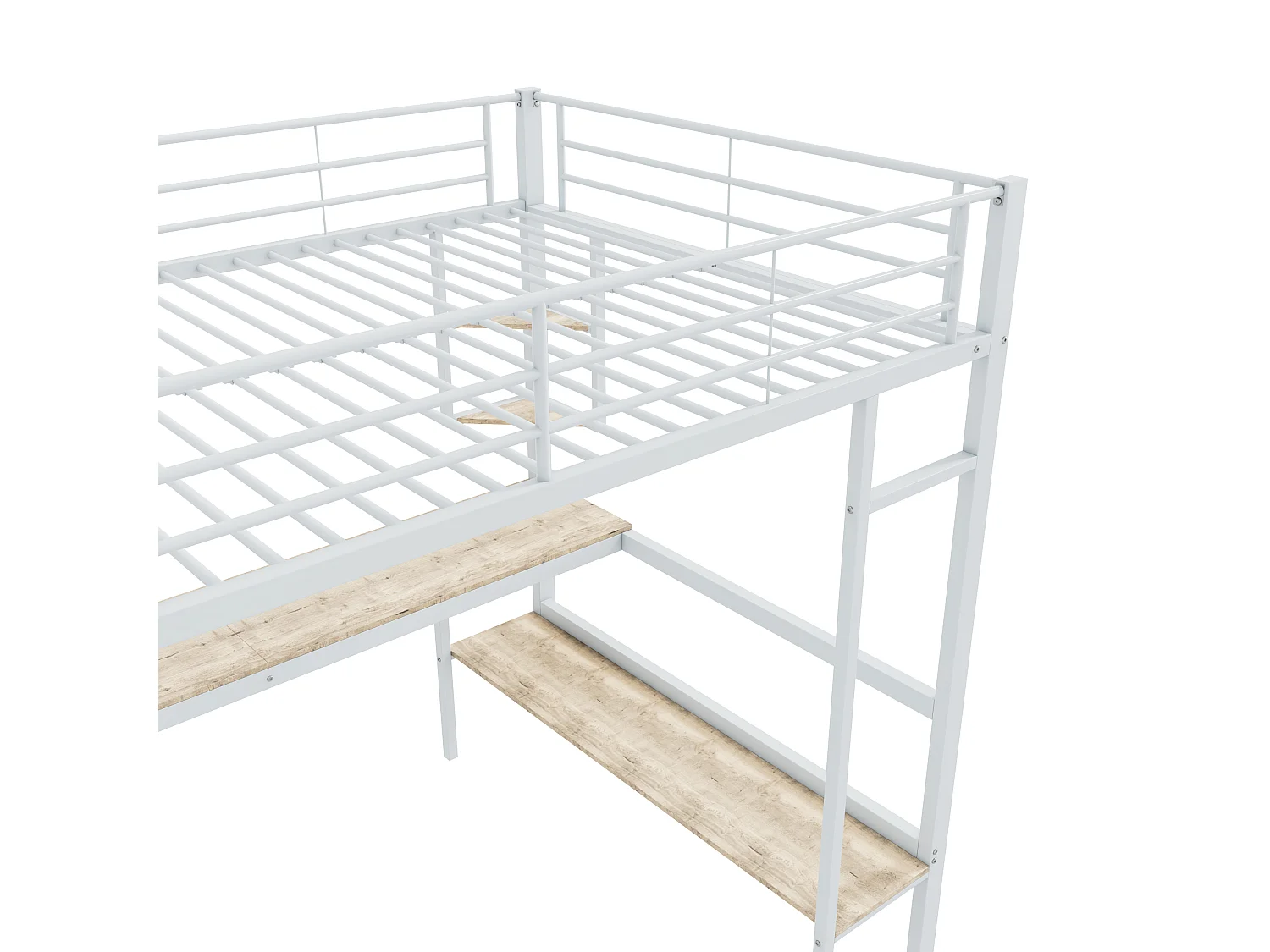 Lit Mezzanine 140 x 200 cm - Lit Mezzanine Avec Bureau Et Rangements - En Métal - 4 Étagères Et Grand Bibliothèque - Blanc - Sans matelas