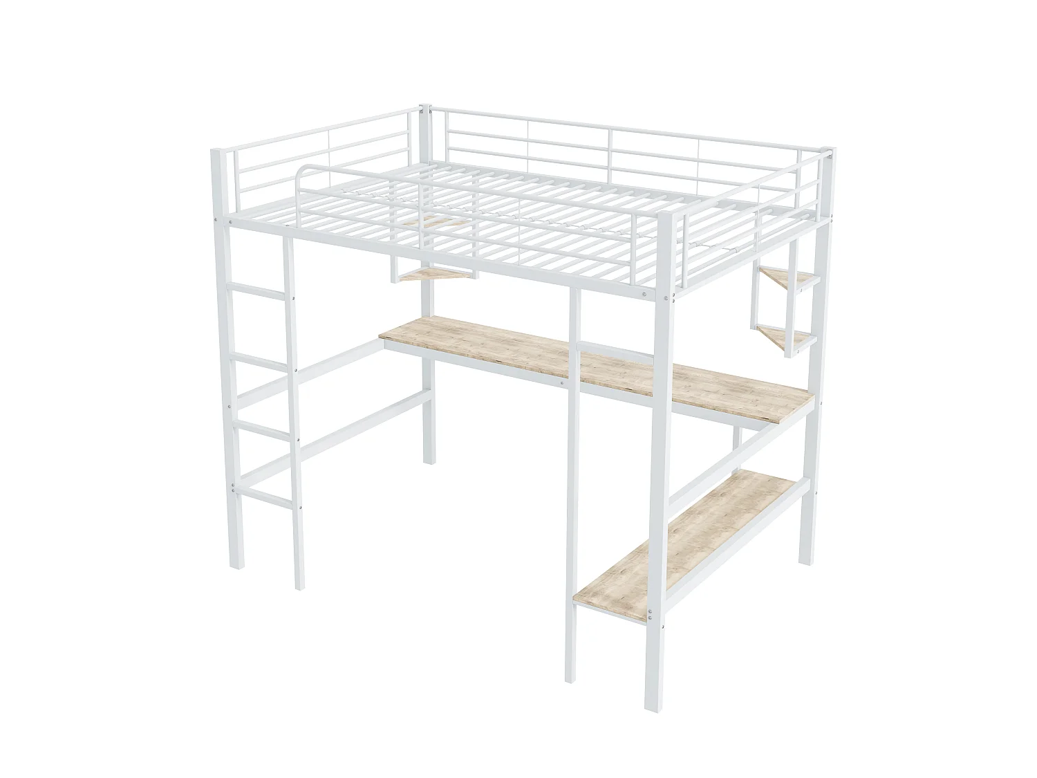 Lit Mezzanine 140 x 200 cm - Lit Mezzanine Avec Bureau Et Rangements - En Métal - 4 Étagères Et Grand Bibliothèque - Blanc - Sans matelas