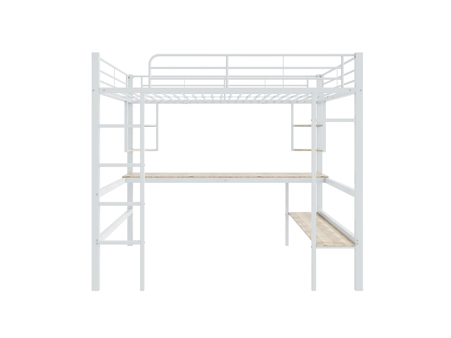 Lit Mezzanine 140 x 200 cm - Lit Mezzanine Avec Bureau Et Rangements - En Métal - 4 Étagères Et Grand Bibliothèque - Blanc - Sans matelas