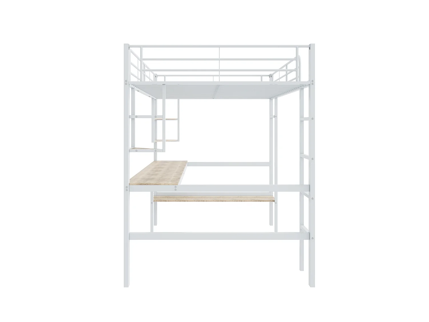 Lit Mezzanine 140 x 200 cm - Lit Mezzanine Avec Bureau Et Rangements - En Métal - 4 Étagères Et Grand Bibliothèque - Blanc - Sans matelas