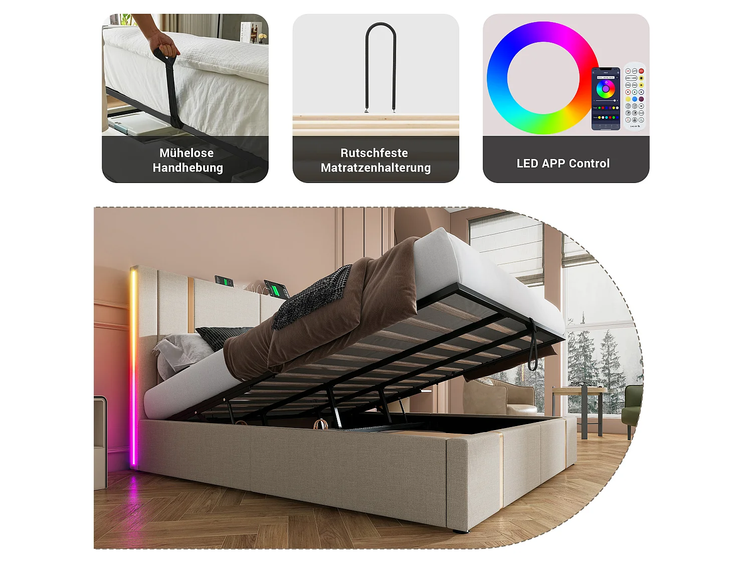 Lit 180 x 200 cm - Lit coffre capitonné - En Lin - LED RGB et charge USB Type-C - Sommier à lattes inclus - Beige - Sans Matelas