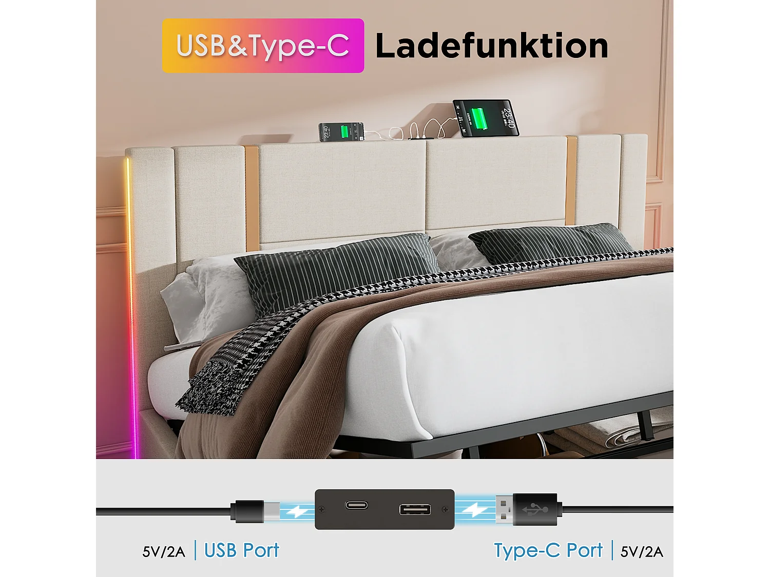 Lit 180 x 200 cm - Lit coffre capitonné - En Lin - LED RGB et charge USB Type-C - Sommier à lattes inclus - Beige - Sans Matelas