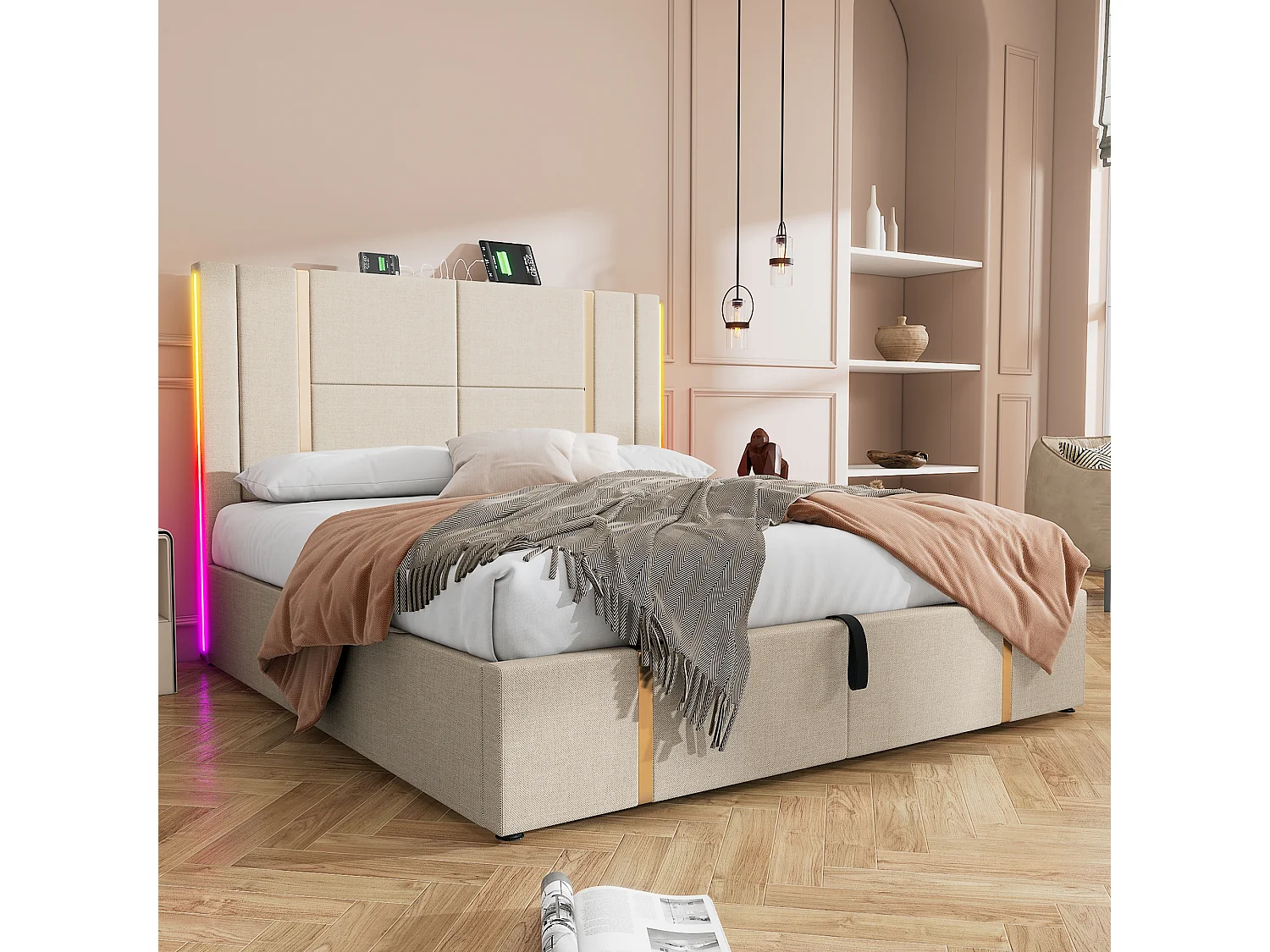 Lit 180 x 200 cm - Lit coffre capitonné - En Lin - LED RGB et charge USB Type-C - Sommier à lattes inclus - Beige - Sans Matelas