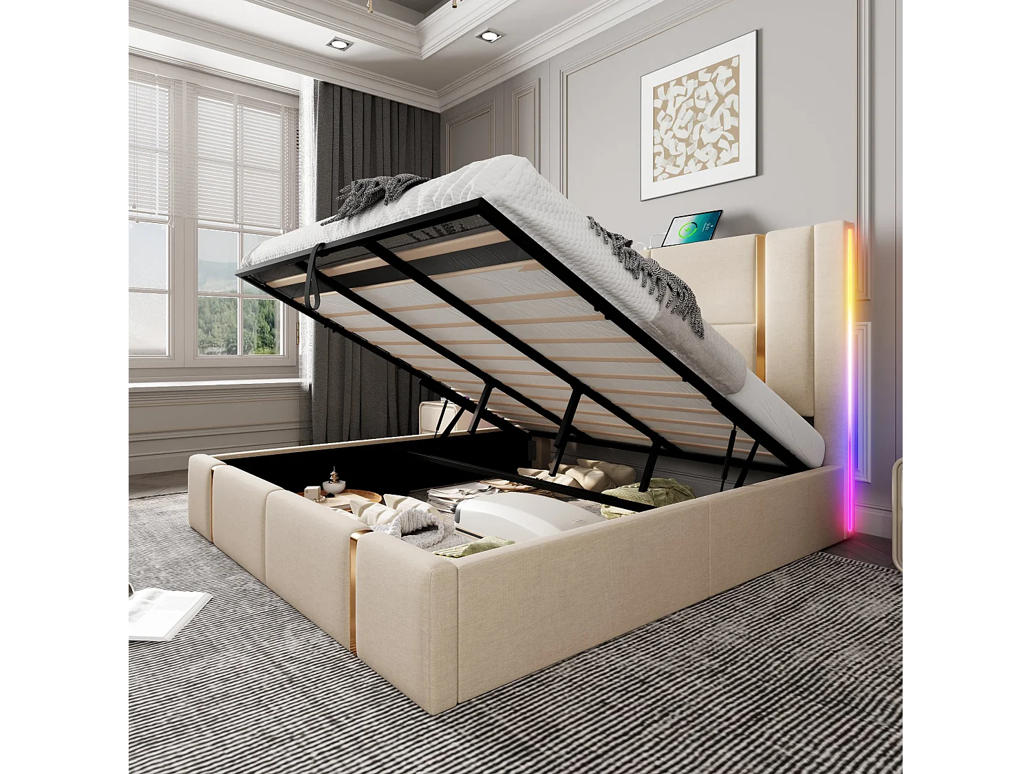 Lit 180 x 200 cm - Lit coffre capitonné - En Lin - LED RGB et charge USB Type-C - Sommier à lattes inclus - Beige - Sans Matelas