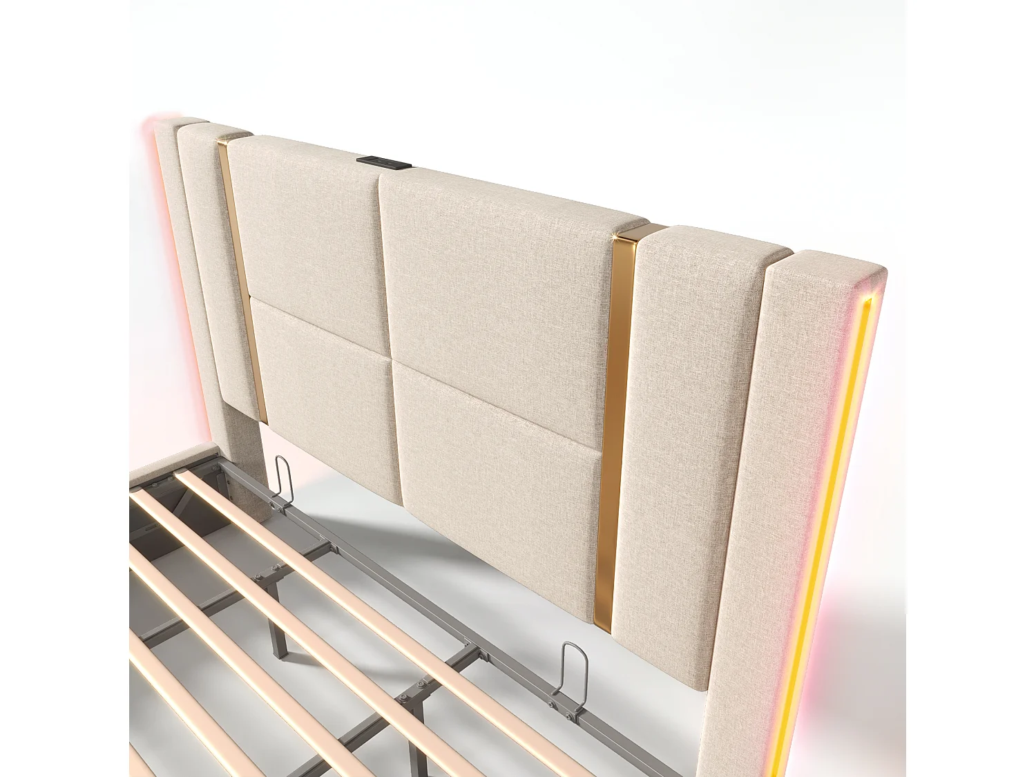 Lit 180 x 200 cm - Lit coffre capitonné - En Lin - LED RGB et charge USB Type-C - Sommier à lattes inclus - Beige - Sans Matelas