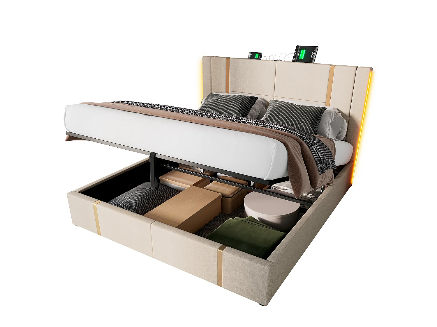 Lit 180 x 200 cm - Lit coffre capitonné - En Lin - LED RGB et charge USB Type-C - Sommier à lattes inclus - Beige - Sans Matelas