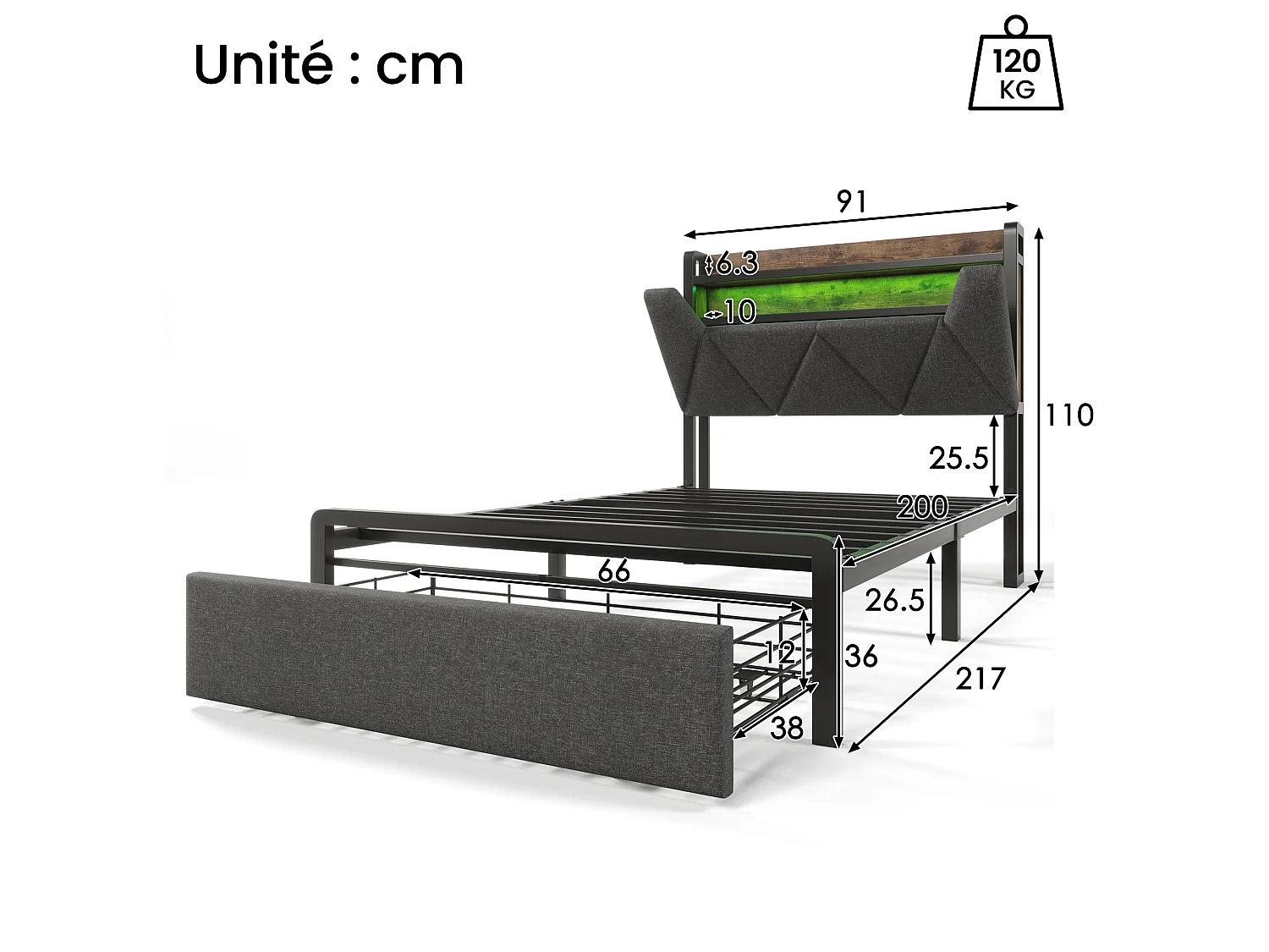Lit Adulte 90 x 200 cm - Lit Coffre Avec Tête De Lit Coffre Et USB Type-C - En Lin - LED Intégrée, Tiroir De Rangement - Gris - Sans Matelas