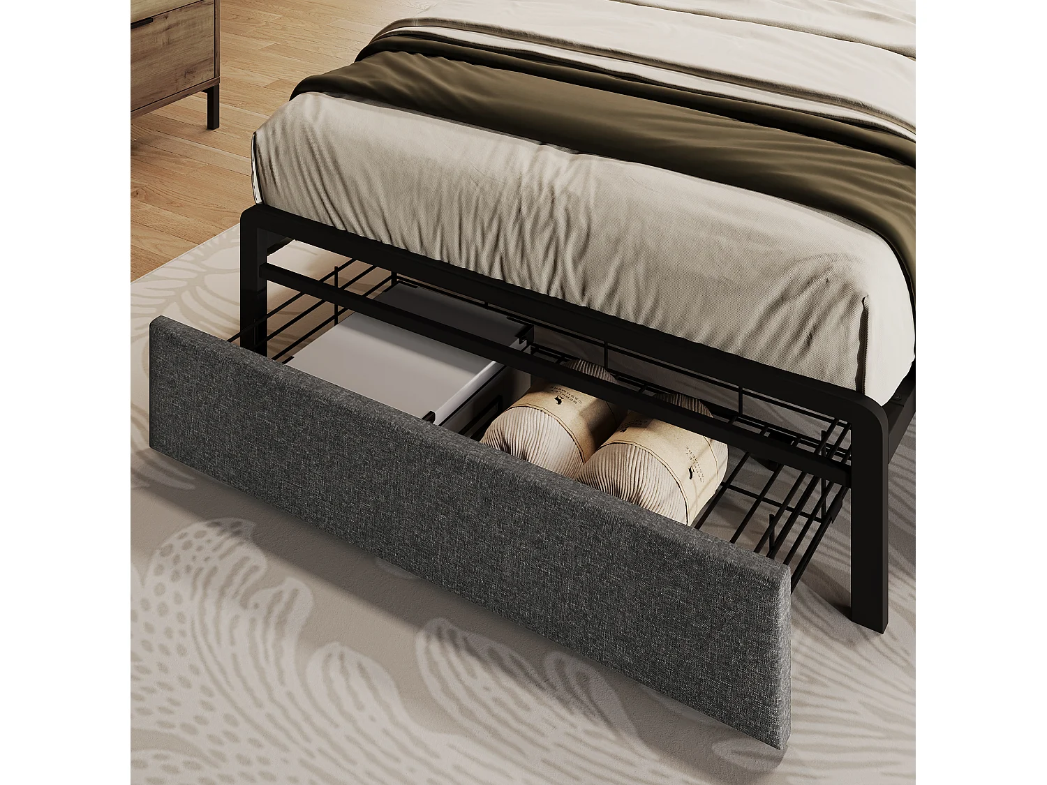 Lit Adulte 90 x 200 cm - Lit Coffre Avec Tête De Lit Coffre Et USB Type-C - En Lin - LED Intégrée, Tiroir De Rangement - Gris - Sans Matelas
