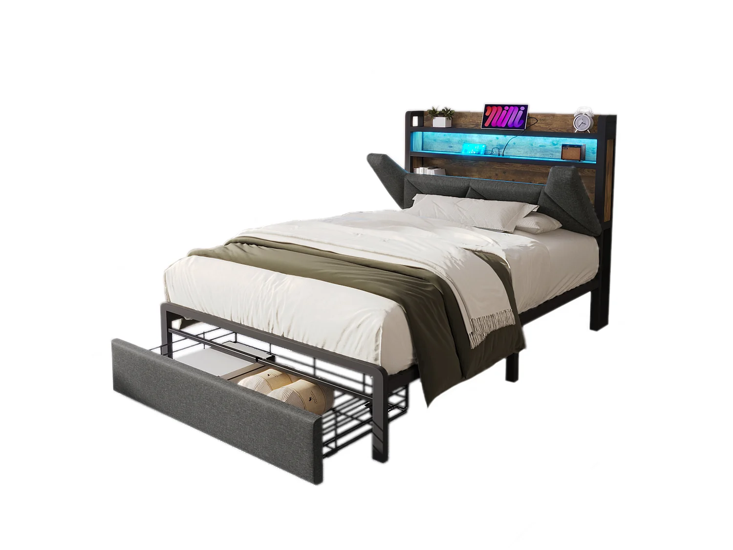 Lit Adulte 90 x 200 cm - Lit Coffre Avec Tête De Lit Coffre Et USB Type-C - En Lin - LED Intégrée, Tiroir De Rangement - Gris - Sans Matelas