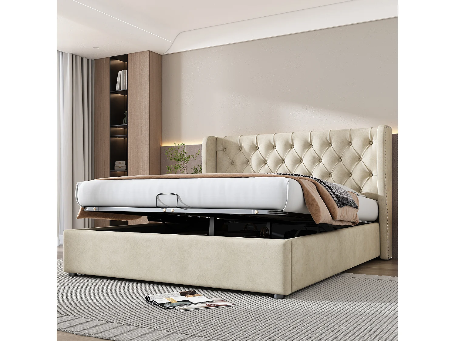 Lit 140 x 190 cm - Lit Rembourré Fonctionnel Avec Coffre Et Sommier À Lattes Sans Matelas - En Velours - Style Minimaliste - Beige