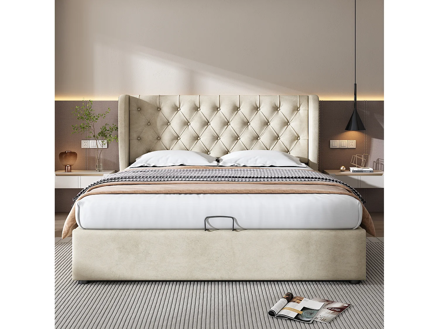 Lit 140 x 190 cm - Lit Rembourré Fonctionnel Avec Coffre Et Sommier À Lattes Sans Matelas - En Velours - Style Minimaliste - Beige