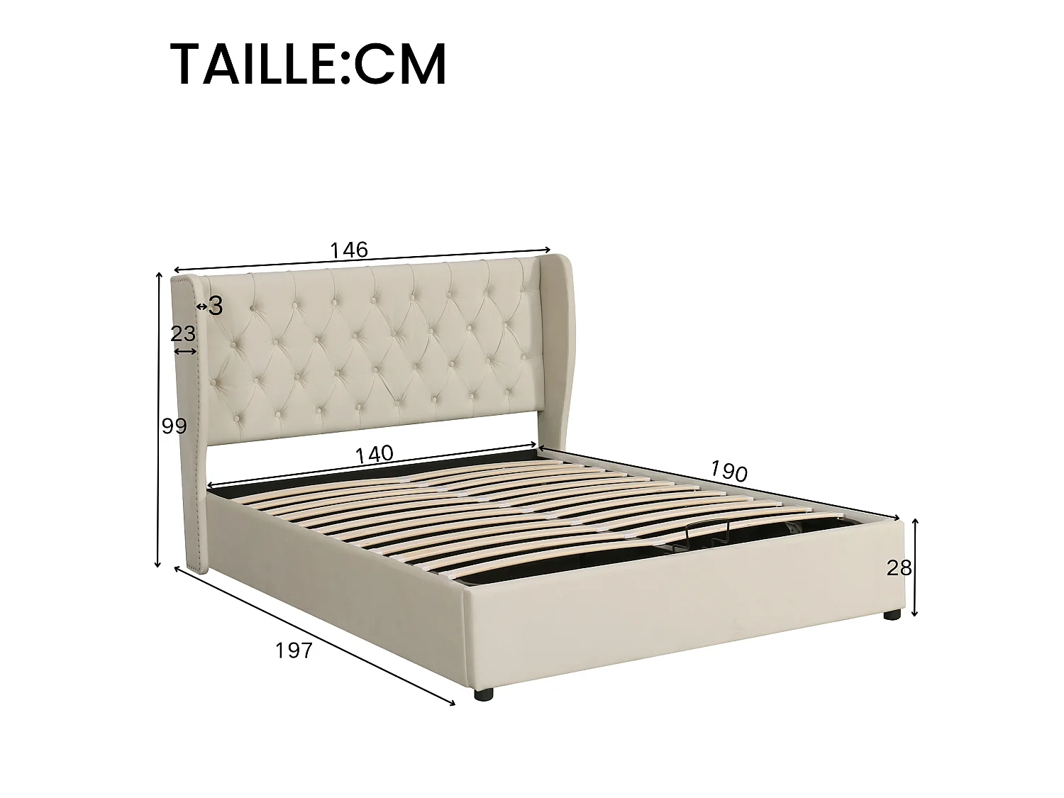 Lit 140 x 190 cm - Lit Rembourré Fonctionnel Avec Coffre Et Sommier À Lattes Sans Matelas - En Velours - Style Minimaliste - Beige