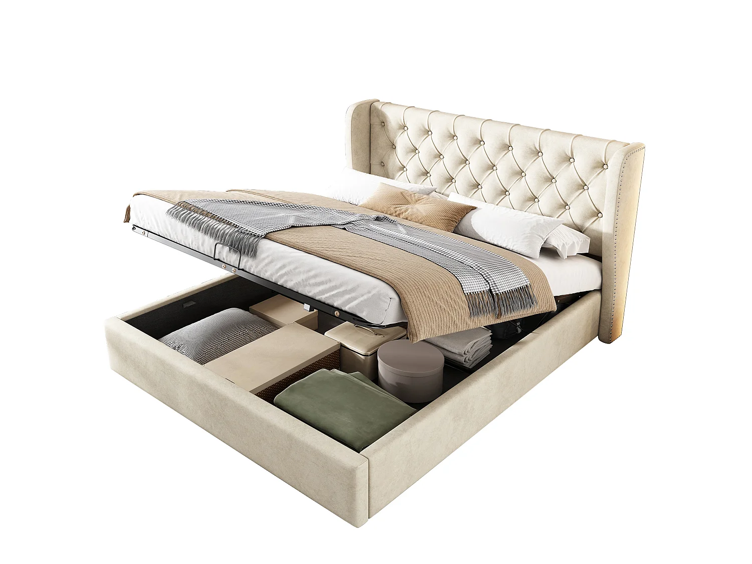 Lit 140 x 190 cm - Lit Rembourré Fonctionnel Avec Coffre Et Sommier À Lattes Sans Matelas - En Velours - Style Minimaliste - Beige