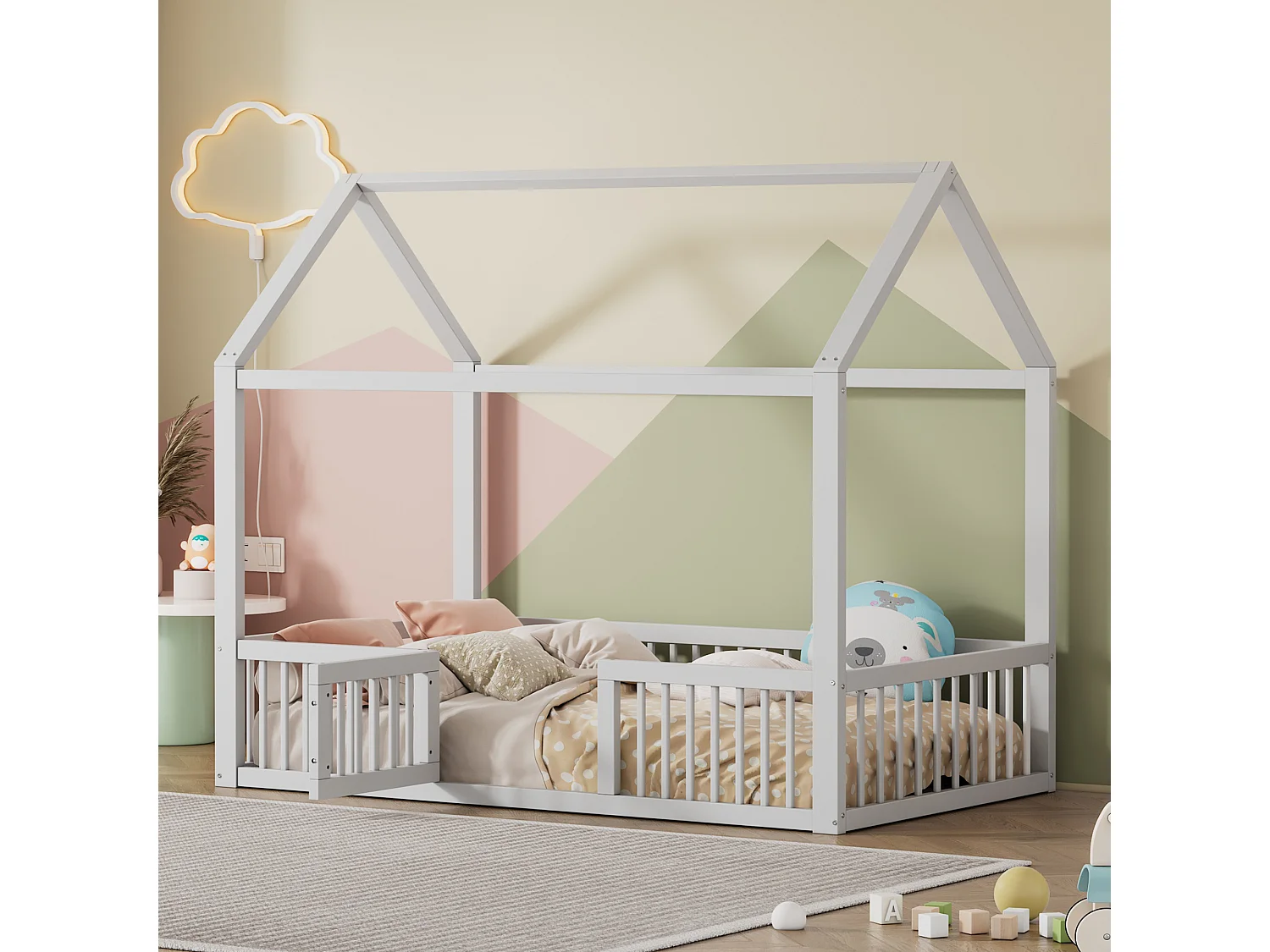Lit Enfant 90 x 200 cm - Lit Maison Sécurité Avec Barrières 35,5 cm Et Porte - En Pin;MDF - Sommier 15 Lattes - Blanc - Sans Matelas