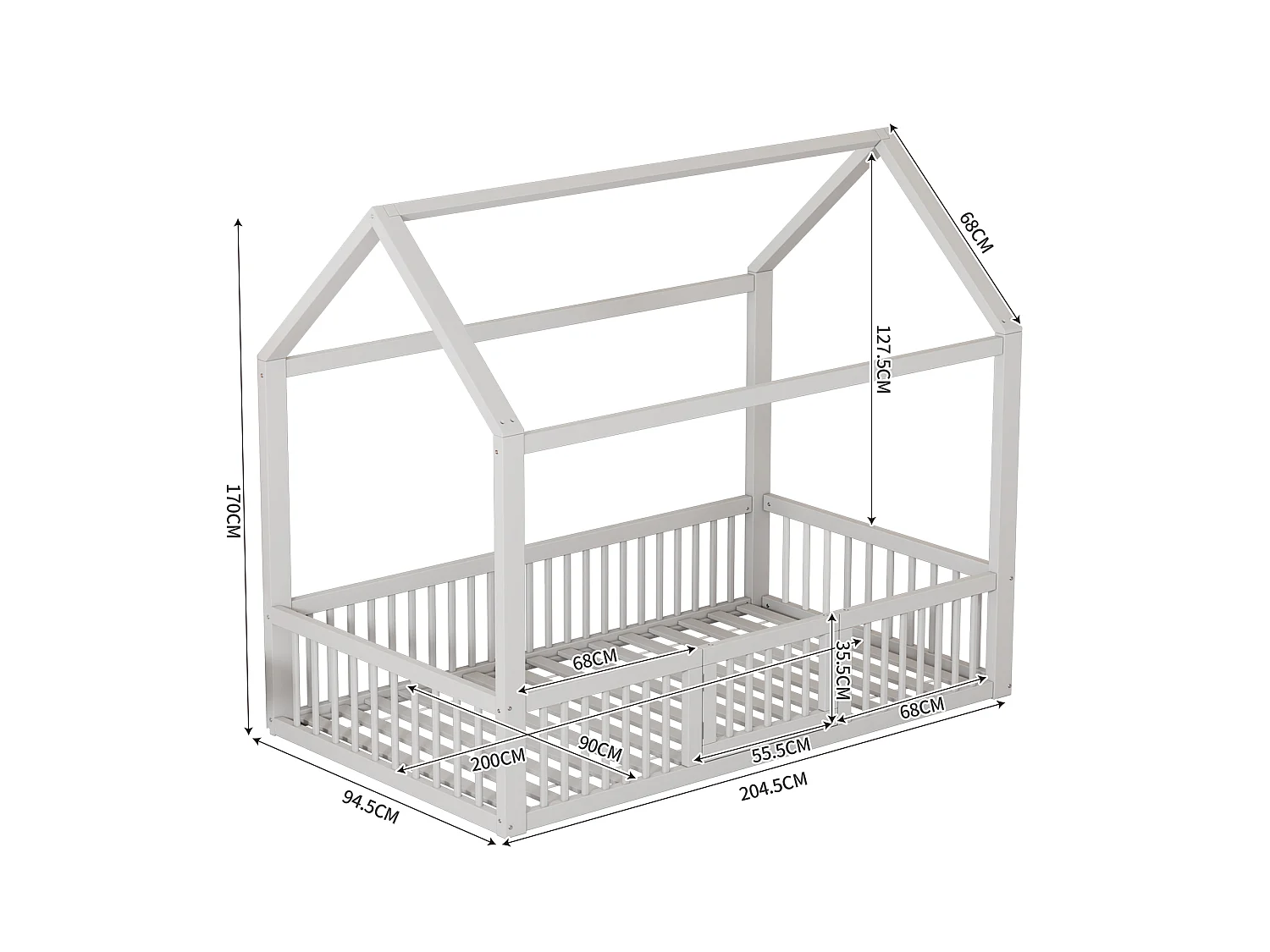 Lit Enfant 90 x 200 cm - Lit Maison Sécurité Avec Barrières 35,5 cm Et Porte - En Pin;MDF - Sommier 15 Lattes - Blanc - Sans Matelas