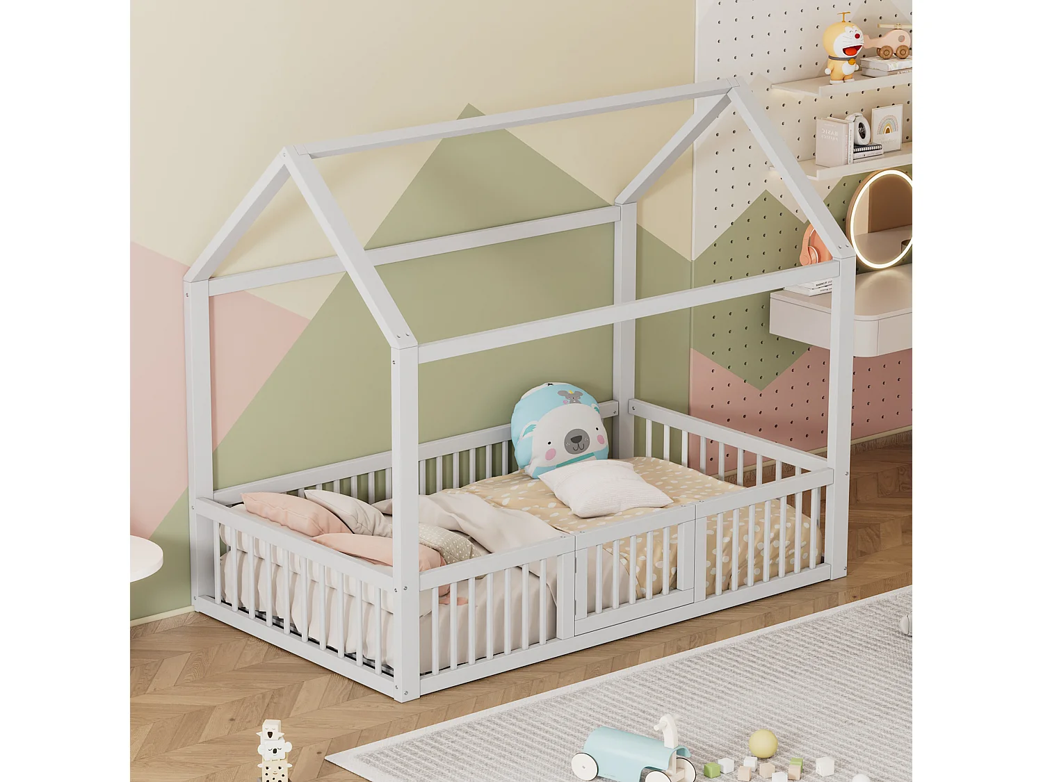 Lit Enfant 90 x 200 cm - Lit Maison Sécurité Avec Barrières 35,5 cm Et Porte - En Pin;MDF - Sommier 15 Lattes - Blanc - Sans Matelas