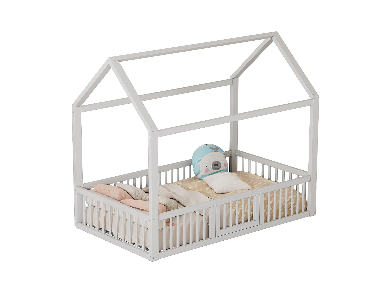 Lit Enfant 90 x 200 cm - Lit Maison Sécurité Avec Barrières 35,5 cm Et Porte - En Pin;MDF - Sommier 15 Lattes - Blanc - Sans Matelas
