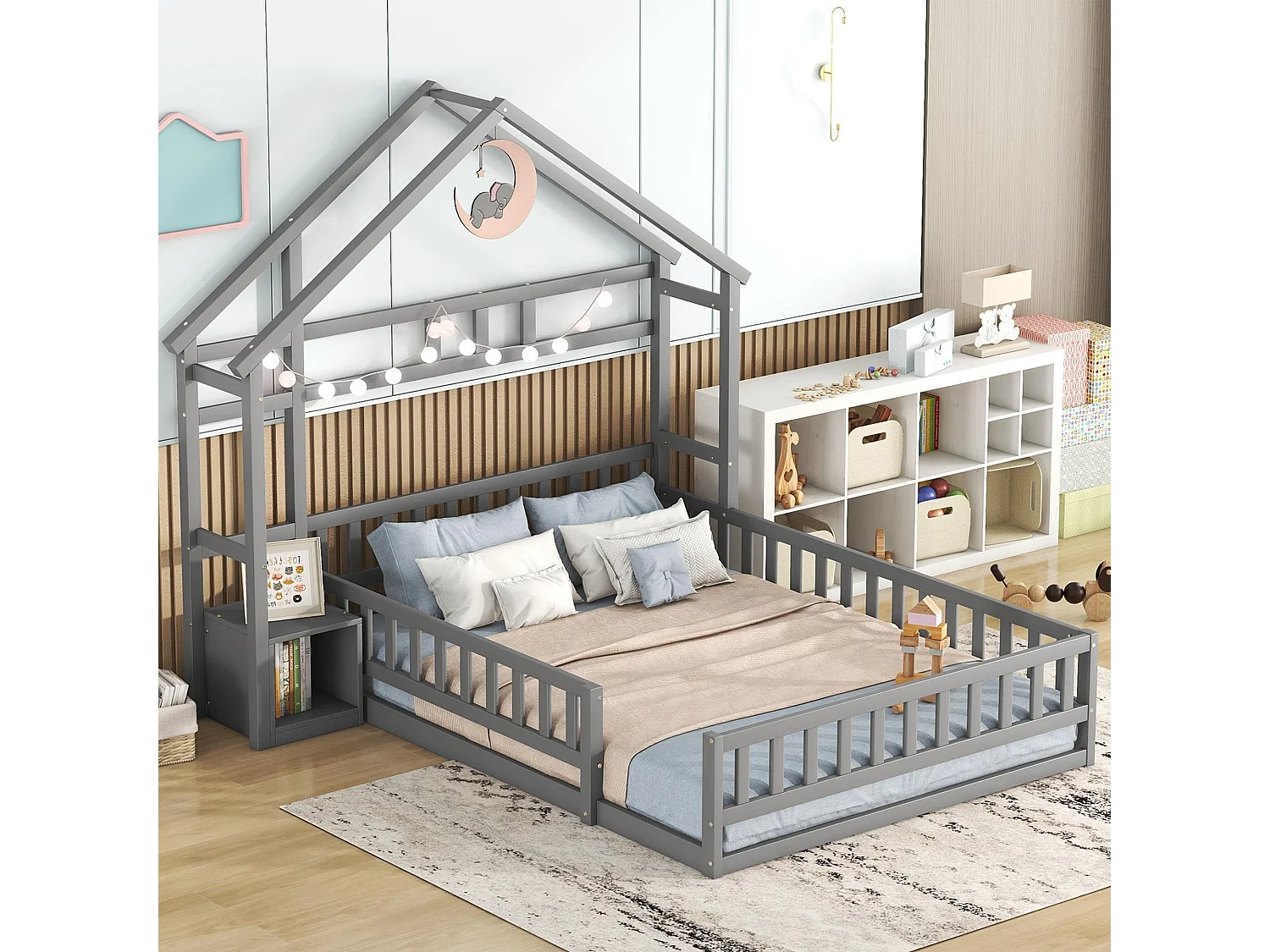 Lit Enfant 140 x 200 cm - Lit Maison Avec Garde-Corps 31 cm Et Chevet - En Pin - 7 Lattes Et Capacité 250 kg - Sans Matelas - Gris