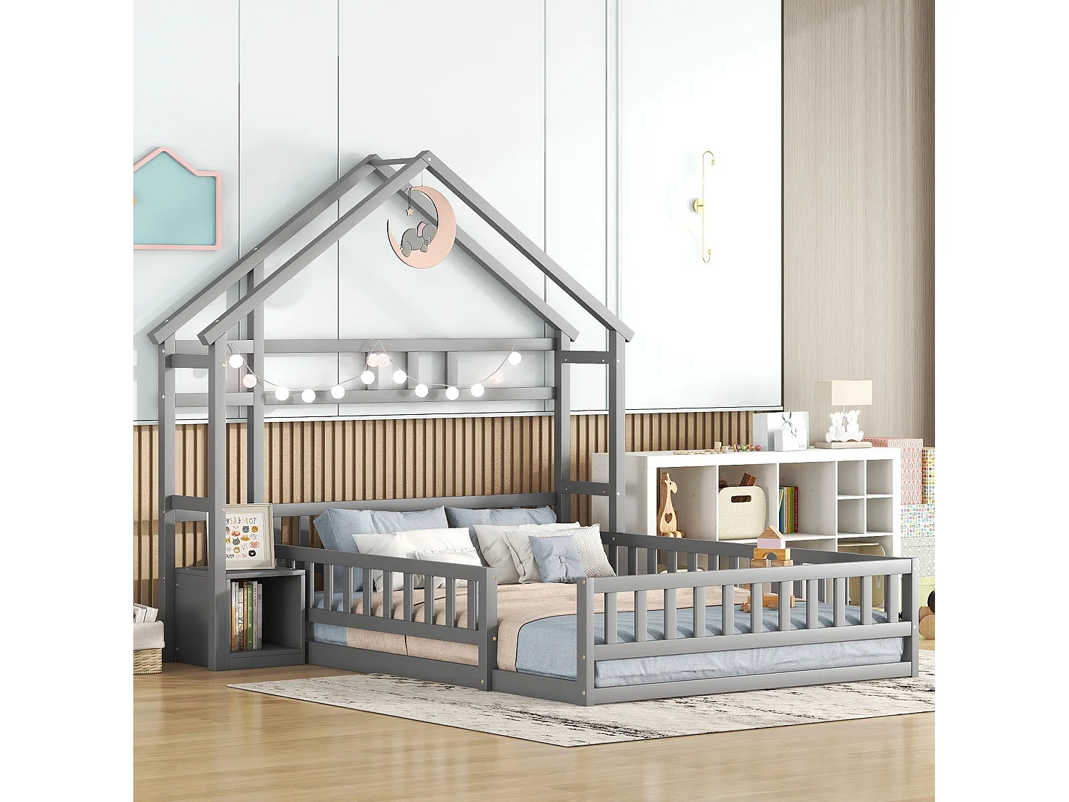Lit Enfant 140 x 200 cm - Lit Maison Avec Garde-Corps 31 cm Et Chevet - En Pin - 7 Lattes Et Capacité 250 kg - Sans Matelas - Gris