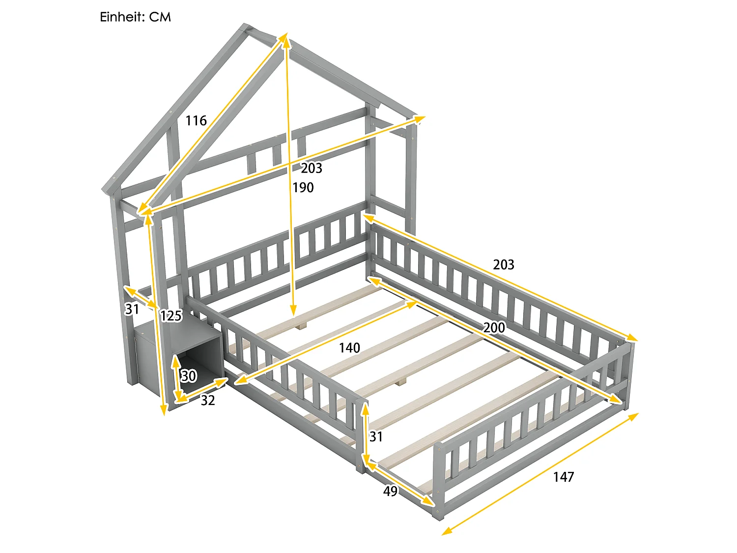 Lit Enfant 140 x 200 cm - Lit Maison Avec Garde-Corps 31 cm Et Chevet - En Pin - 7 Lattes Et Capacité 250 kg - Sans Matelas - Gris