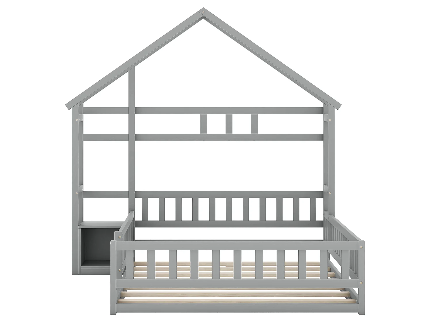 Lit Enfant 140 x 200 cm - Lit Maison Avec Garde-Corps 31 cm Et Chevet - En Pin - 7 Lattes Et Capacité 250 kg - Sans Matelas - Gris