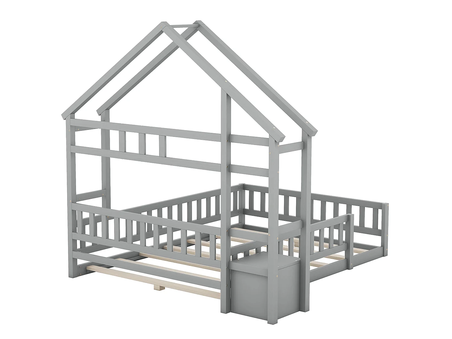 Lit Enfant 140 x 200 cm - Lit Maison Avec Garde-Corps 31 cm Et Chevet - En Pin - 7 Lattes Et Capacité 250 kg - Sans Matelas - Gris
