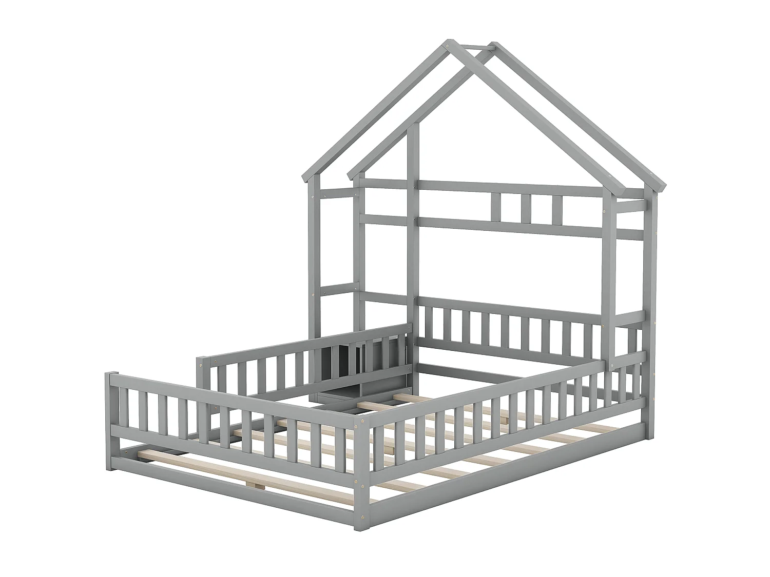 Lit Enfant 140 x 200 cm - Lit Maison Avec Garde-Corps 31 cm Et Chevet - En Pin - 7 Lattes Et Capacité 250 kg - Sans Matelas - Gris