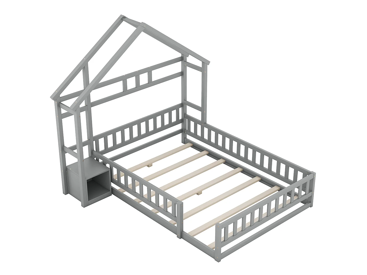 Lit Enfant 140 x 200 cm - Lit Maison Avec Garde-Corps 31 cm Et Chevet - En Pin - 7 Lattes Et Capacité 250 kg - Sans Matelas - Gris