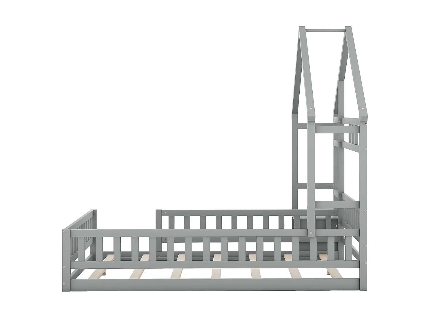 Lit Enfant 140 x 200 cm - Lit Maison Avec Garde-Corps 31 cm Et Chevet - En Pin - 7 Lattes Et Capacité 250 kg - Sans Matelas - Gris