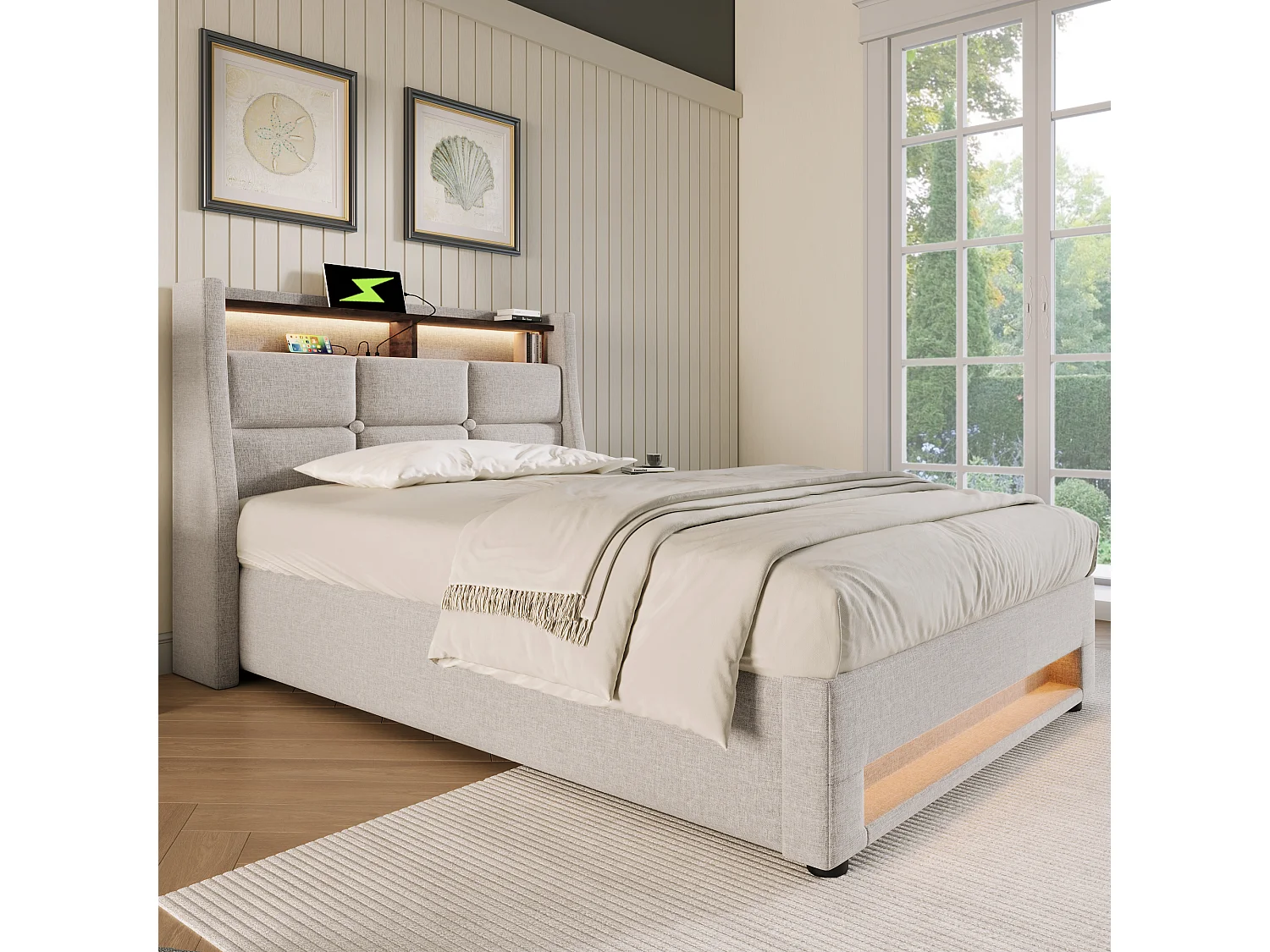 Lit 90 x 200 cm - Lit Rembourré Adulte - En Lin - Coffre de Rangement & Éclairage LED avec Port USB - Beige - AB20122324B - Sans matelas