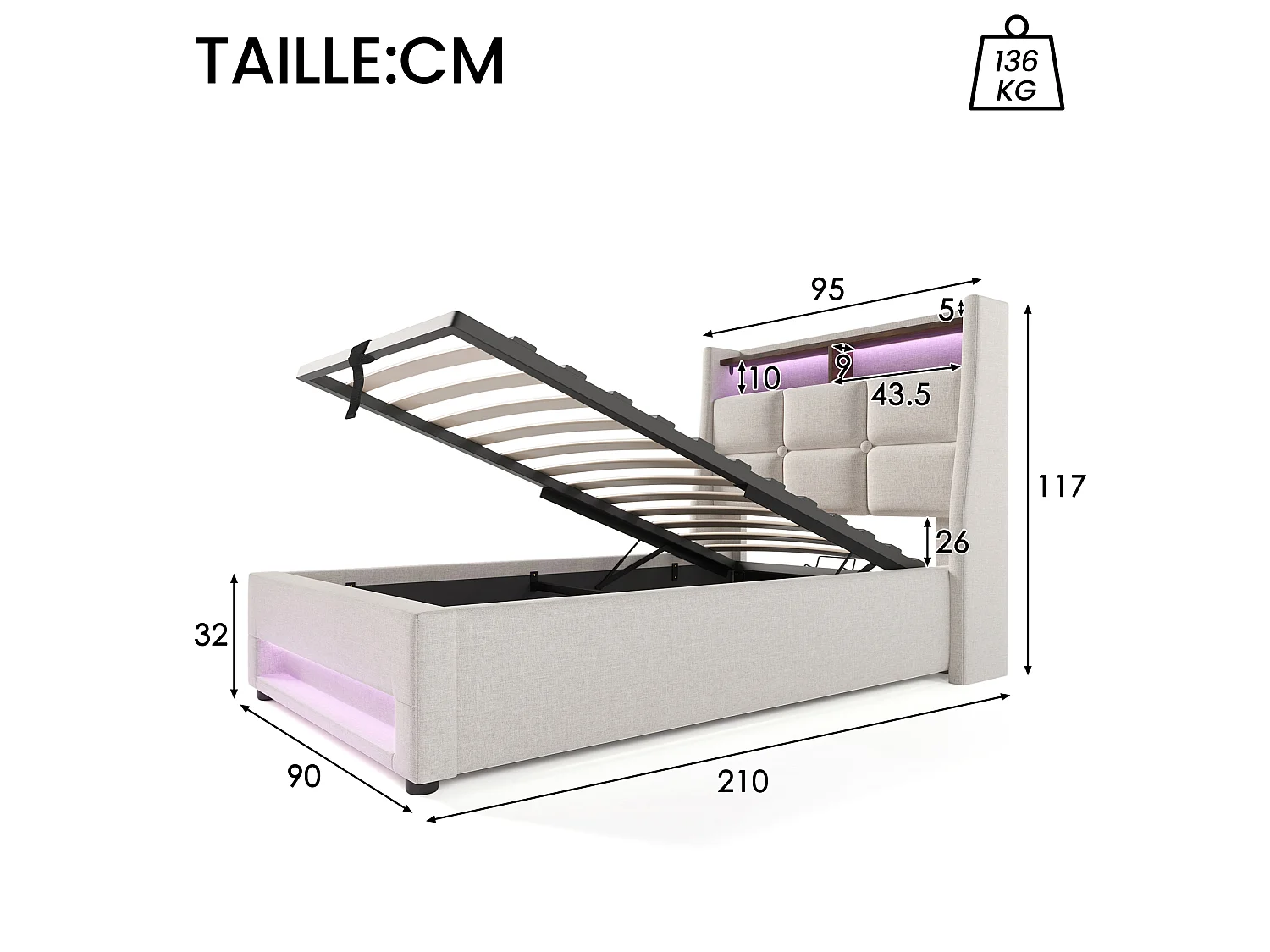 Lit 90 x 200 cm - Lit Rembourré Adulte - En Lin - Coffre de Rangement & Éclairage LED avec Port USB - Beige - AB20122324B - Sans matelas