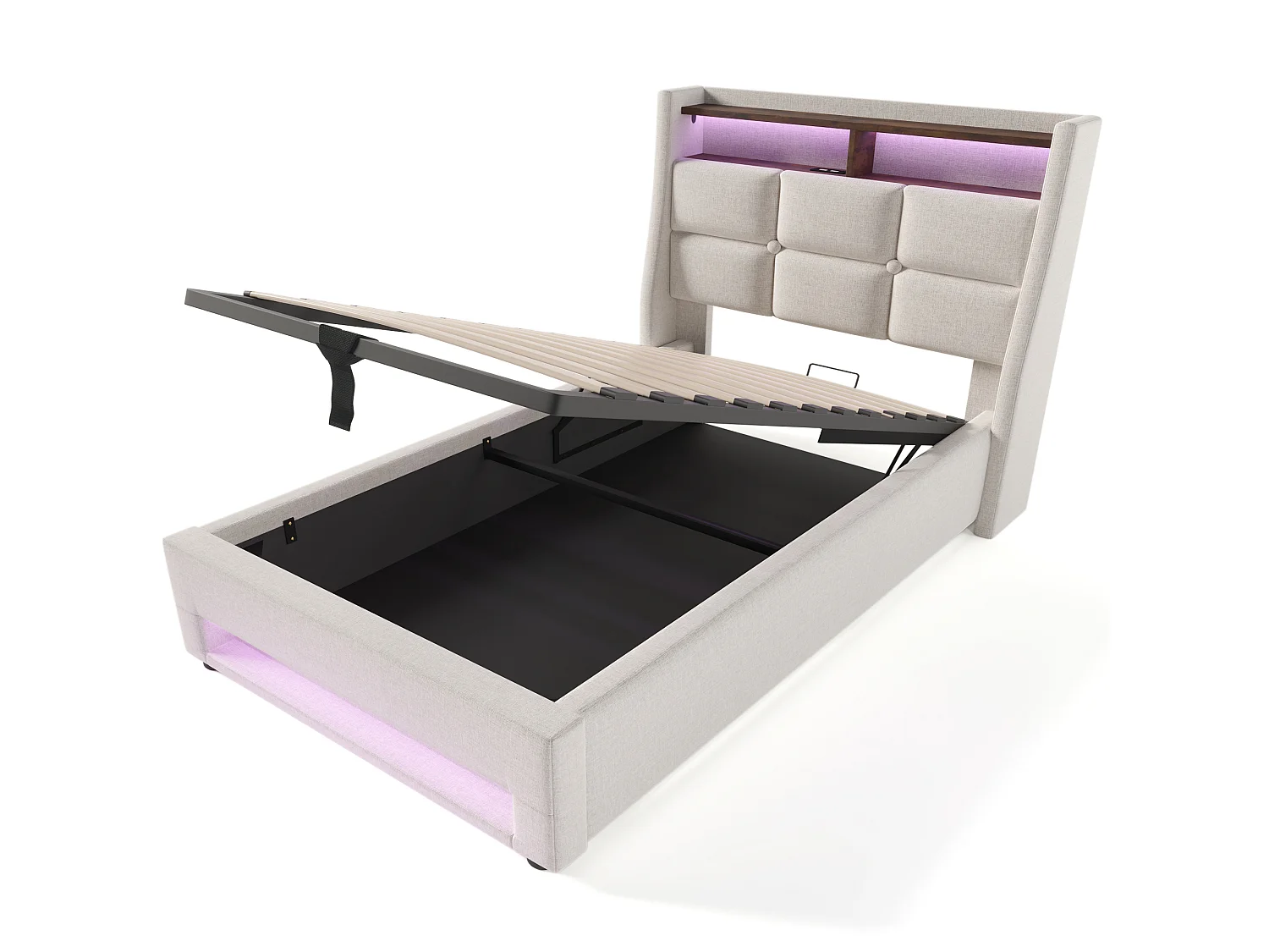 Lit 90 x 200 cm - Lit Rembourré Adulte - En Lin - Coffre de Rangement & Éclairage LED avec Port USB - Beige - AB20122324B - Sans matelas