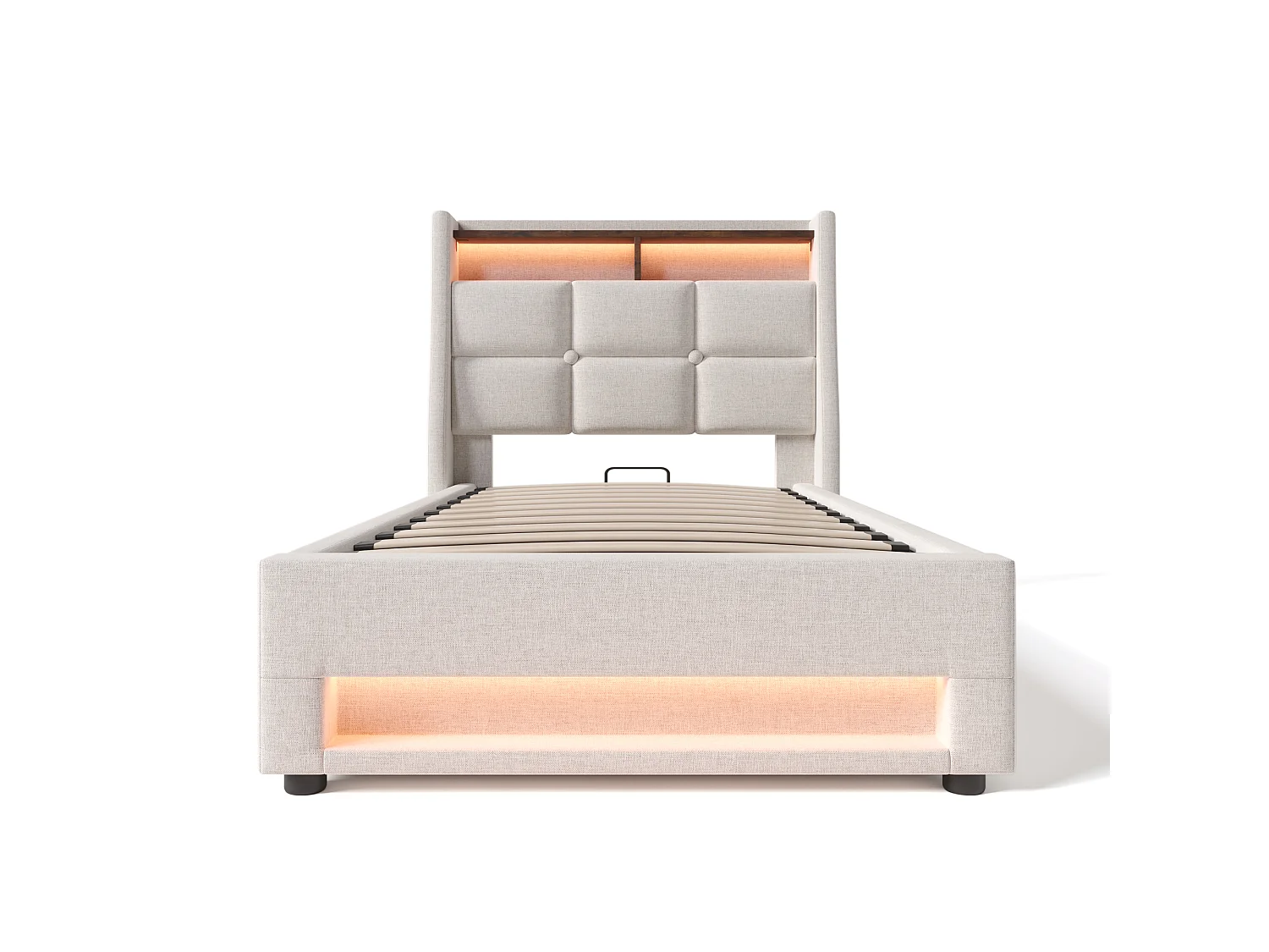 Lit 90 x 200 cm - Lit Rembourré Adulte - En Lin - Coffre de Rangement & Éclairage LED avec Port USB - Beige - AB20122324B - Sans matelas