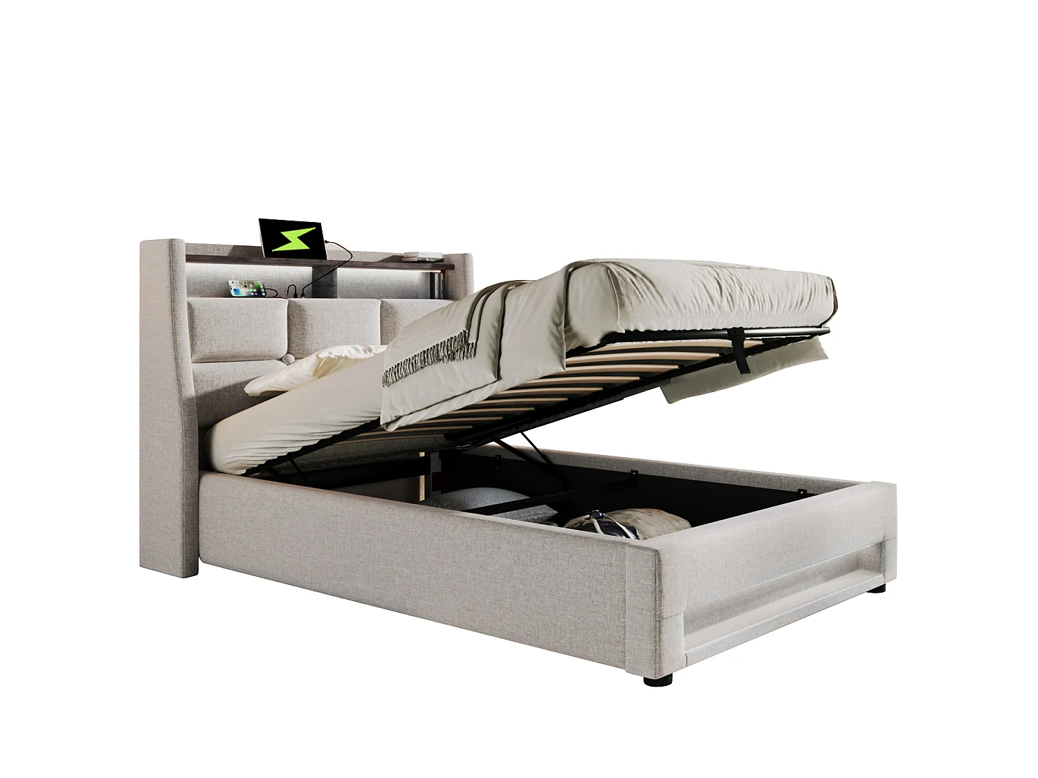 Lit 90 x 200 cm - Lit Rembourré Adulte - En Lin - Coffre de Rangement & Éclairage LED avec Port USB - Beige - AB20122324B - Sans matelas
