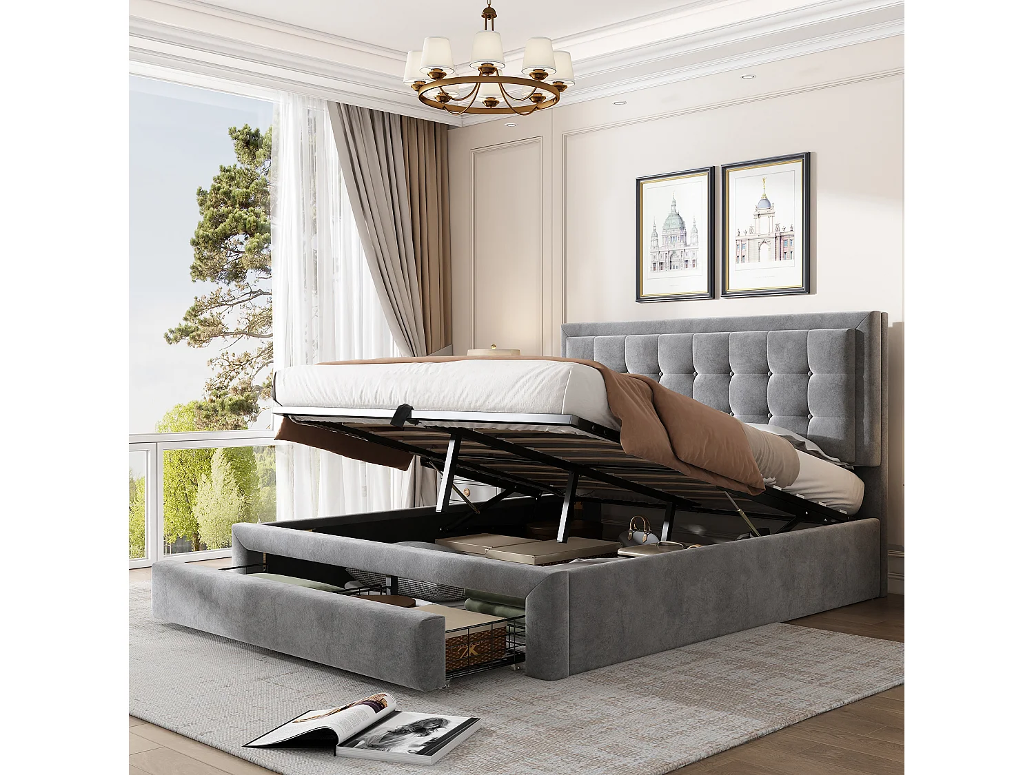 Lit 140 x 190 cm - Lit Rembourré avec Rangement Hydraulique 2 Tiroirs - En Velours - Style Européen - Gris - Sans matelas