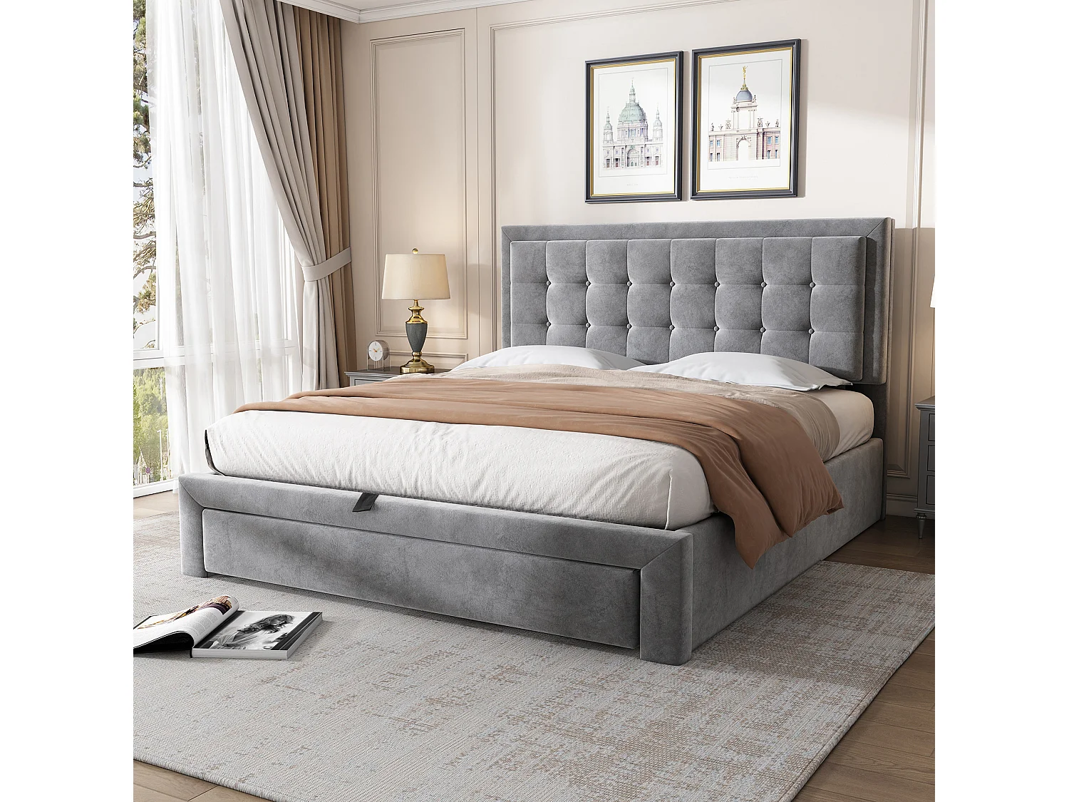 Lit 140 x 190 cm - Lit Rembourré avec Rangement Hydraulique 2 Tiroirs - En Velours - Style Européen - Gris - Sans matelas