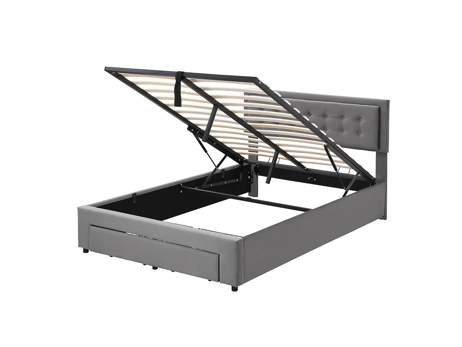 Lit 140 x 190 cm - Lit Rembourré avec Rangement Hydraulique 2 Tiroirs - En Velours - Style Européen - Gris - Sans matelas