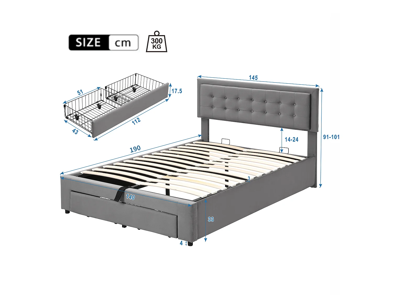 Lit 140 x 190 cm - Lit Rembourré avec Rangement Hydraulique 2 Tiroirs - En Velours - Style Européen - Gris - Sans matelas